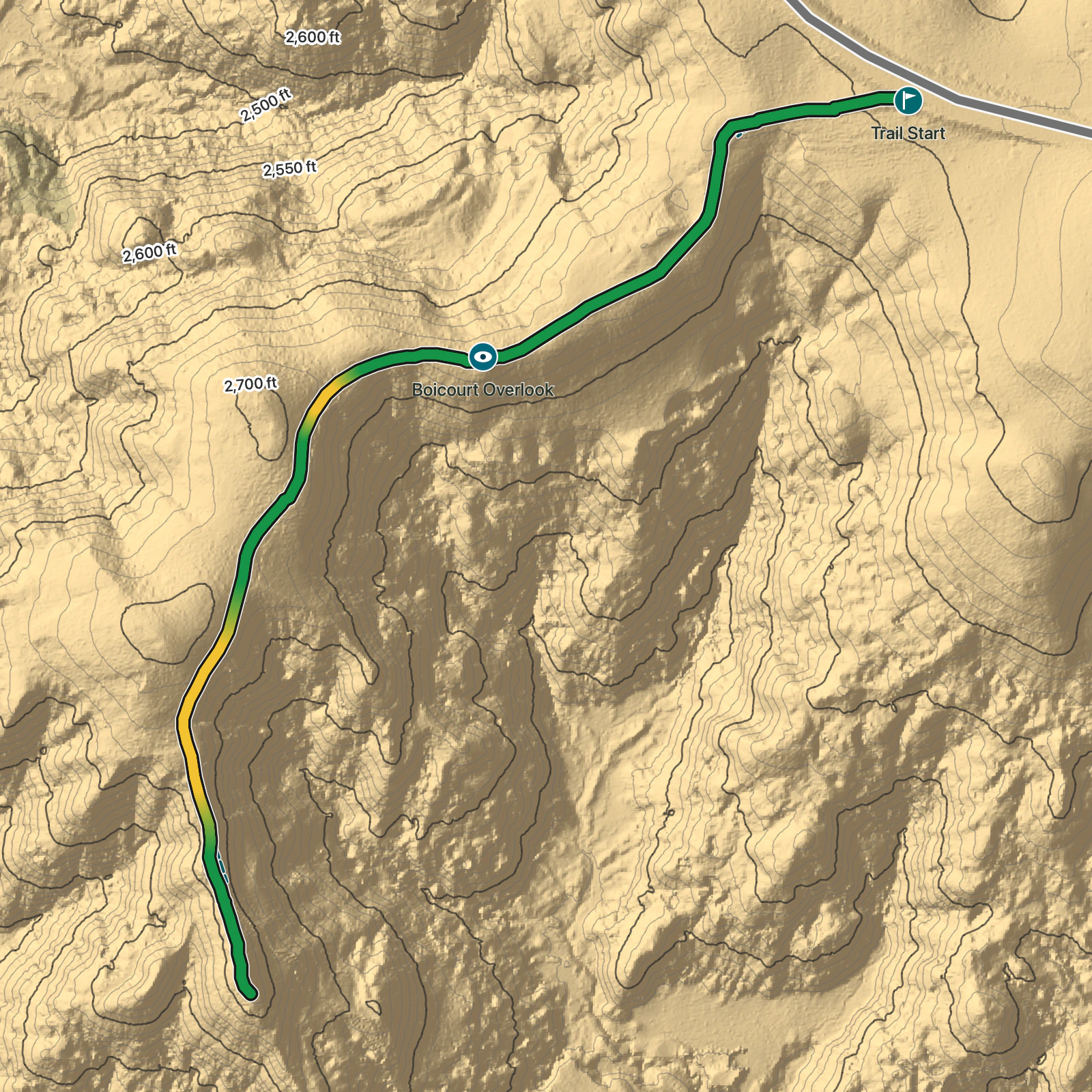 Terrain map of Boicourt Overlook Trail in Theodore Roosevelt National Park