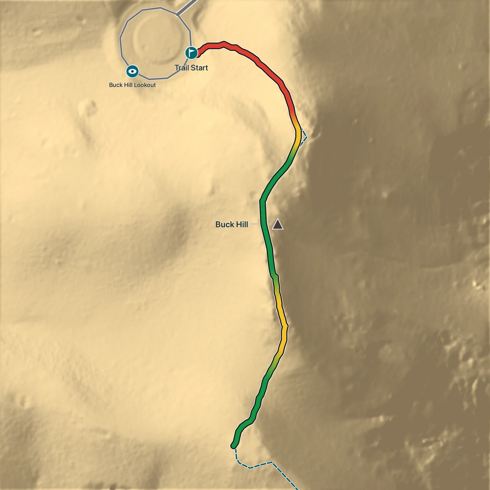 Terrain map of Buck Hill Trail in Theodore Roosevelt National Park