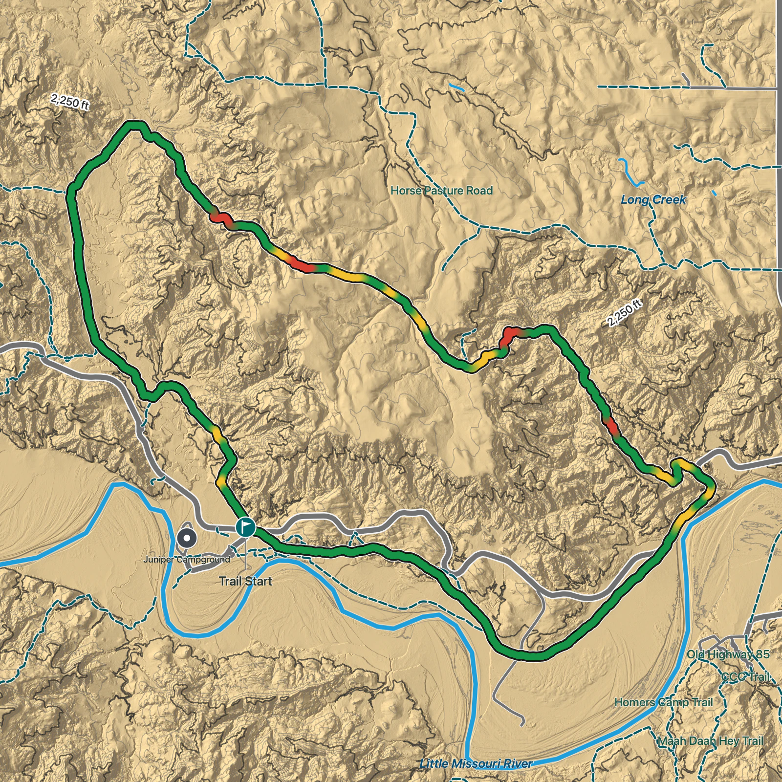 Terrain map of Buckhorn Trail in Theodore Roosevelt National Park
