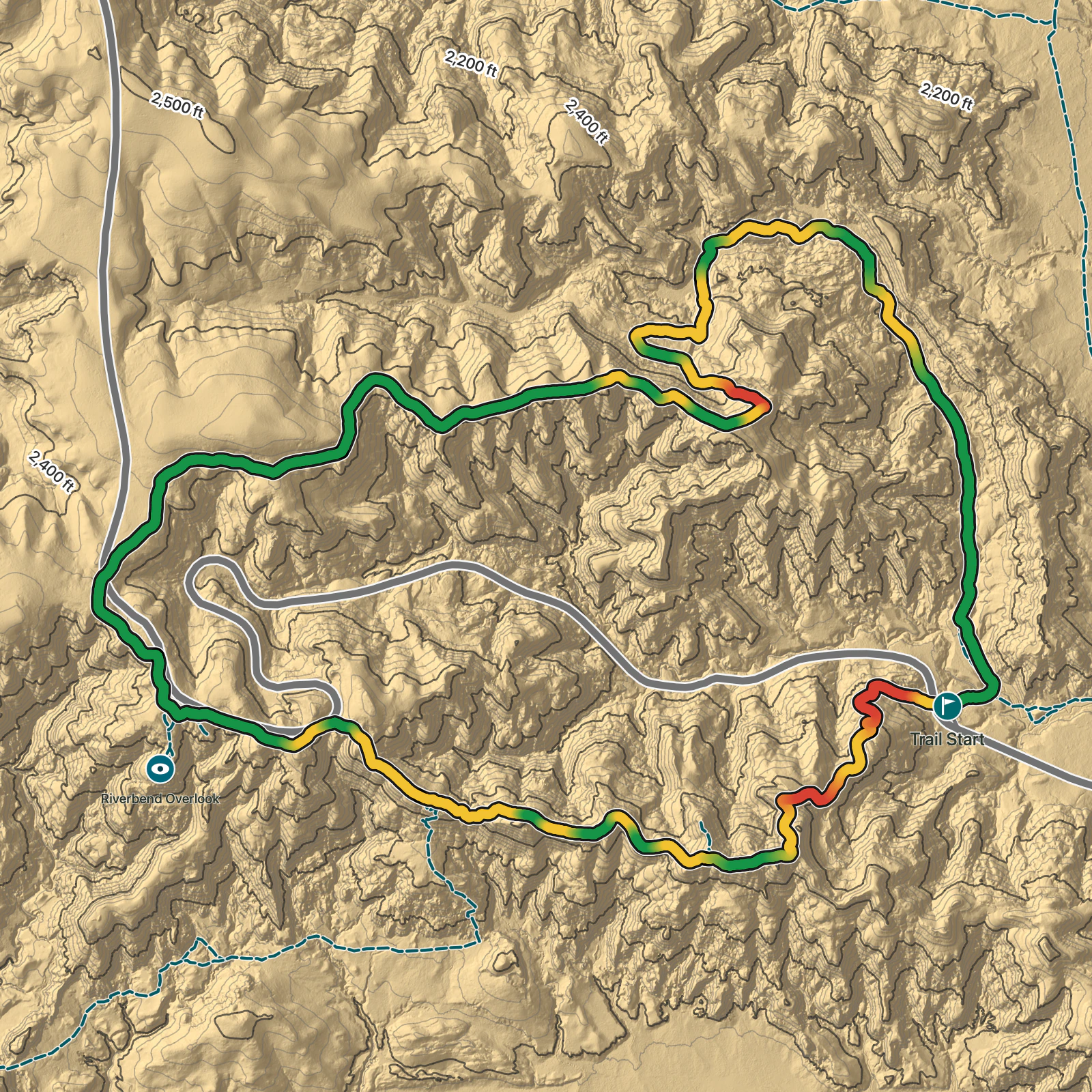 Terrain map of Caprock Coulee Loop in Theodore Roosevelt National Park