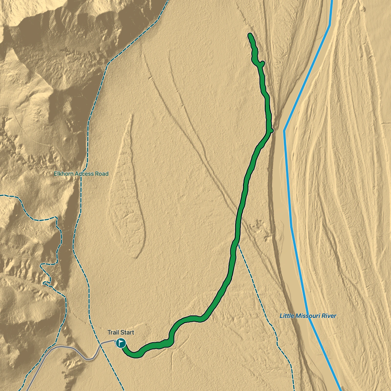 Terrain map of Elkhorn Ranch Unit Trail in Theodore Roosevelt National Park