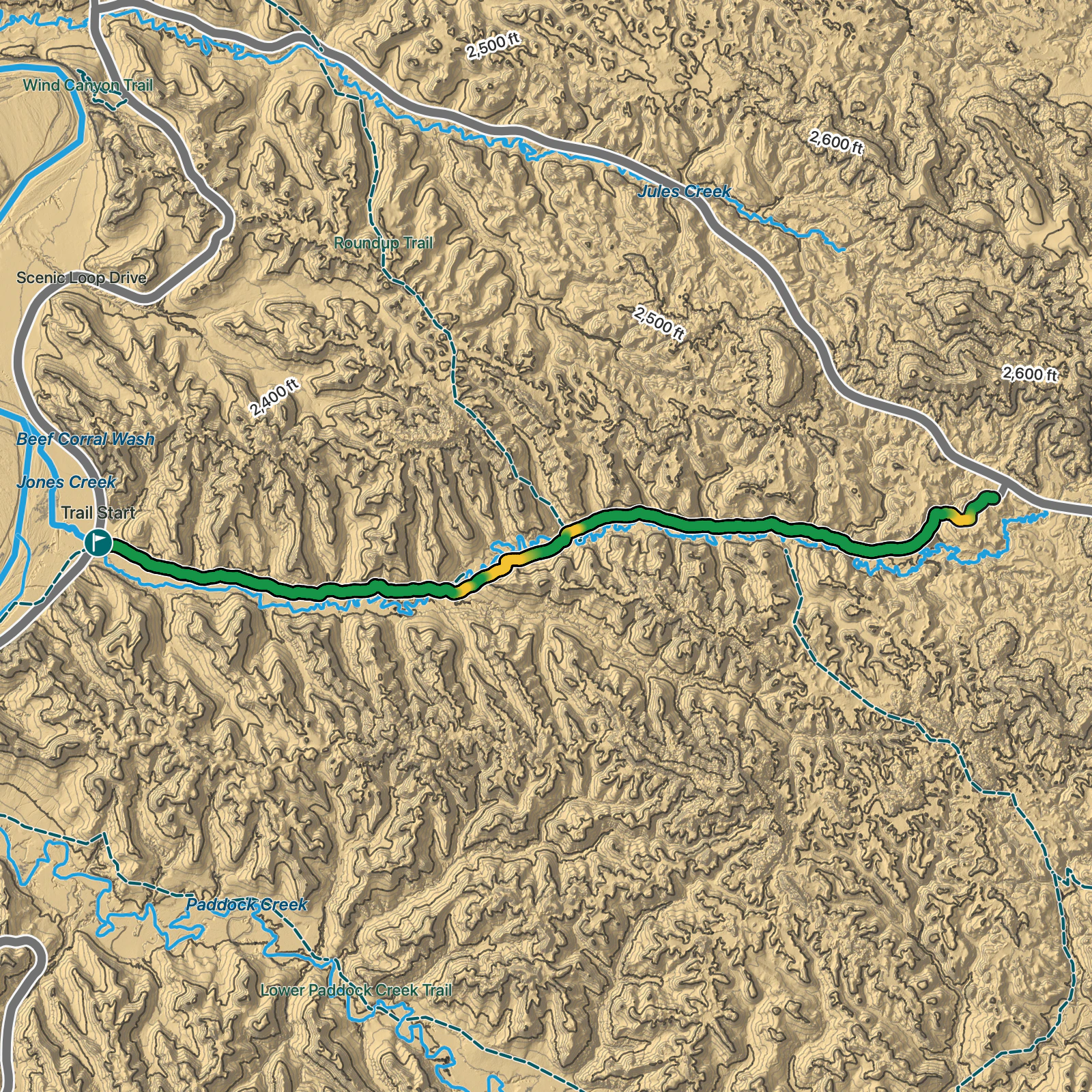 Terrain map of Jones Creek Trail in Theodore Roosevelt National Park
