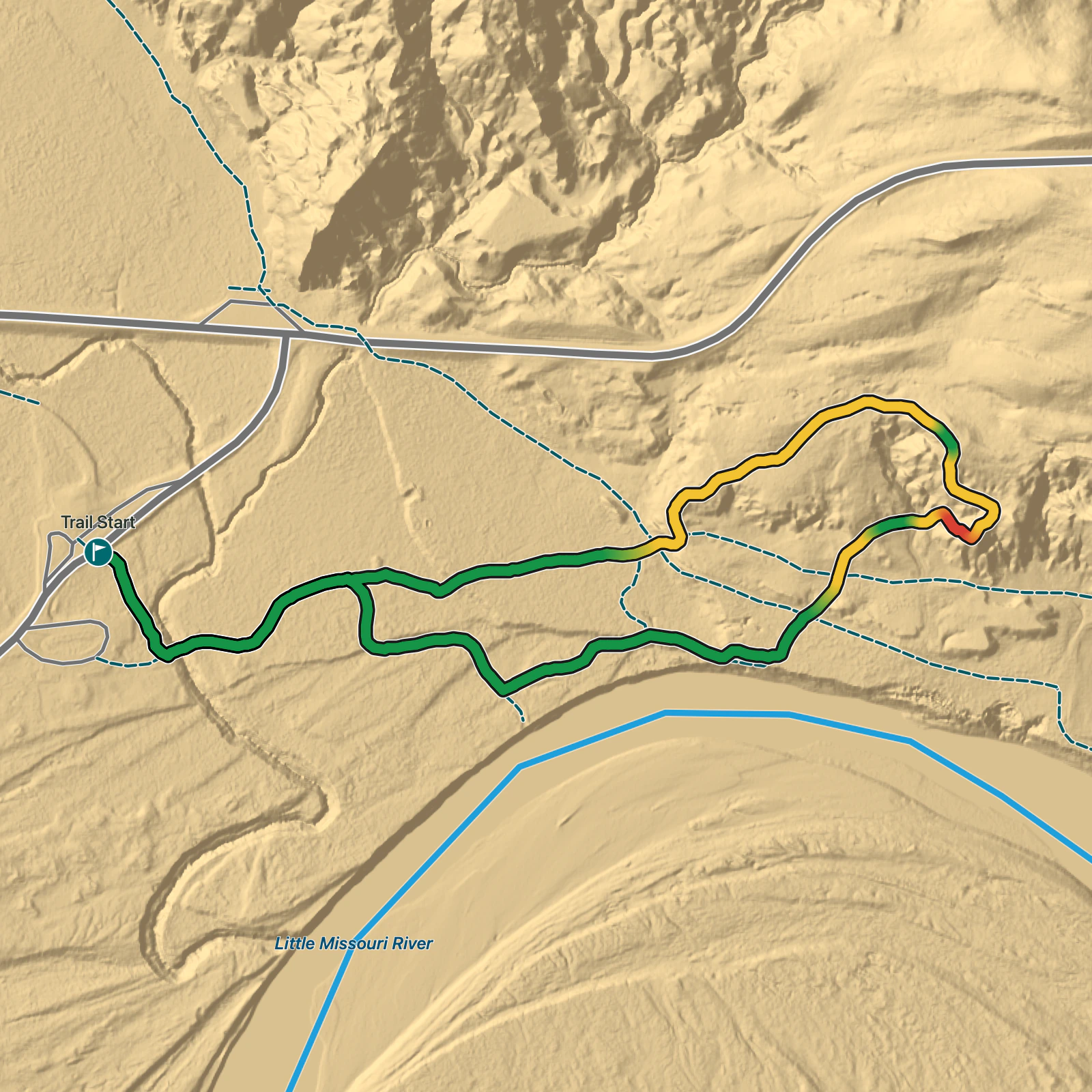 Terrain map of Little Mo Trail in Theodore Roosevelt National Park