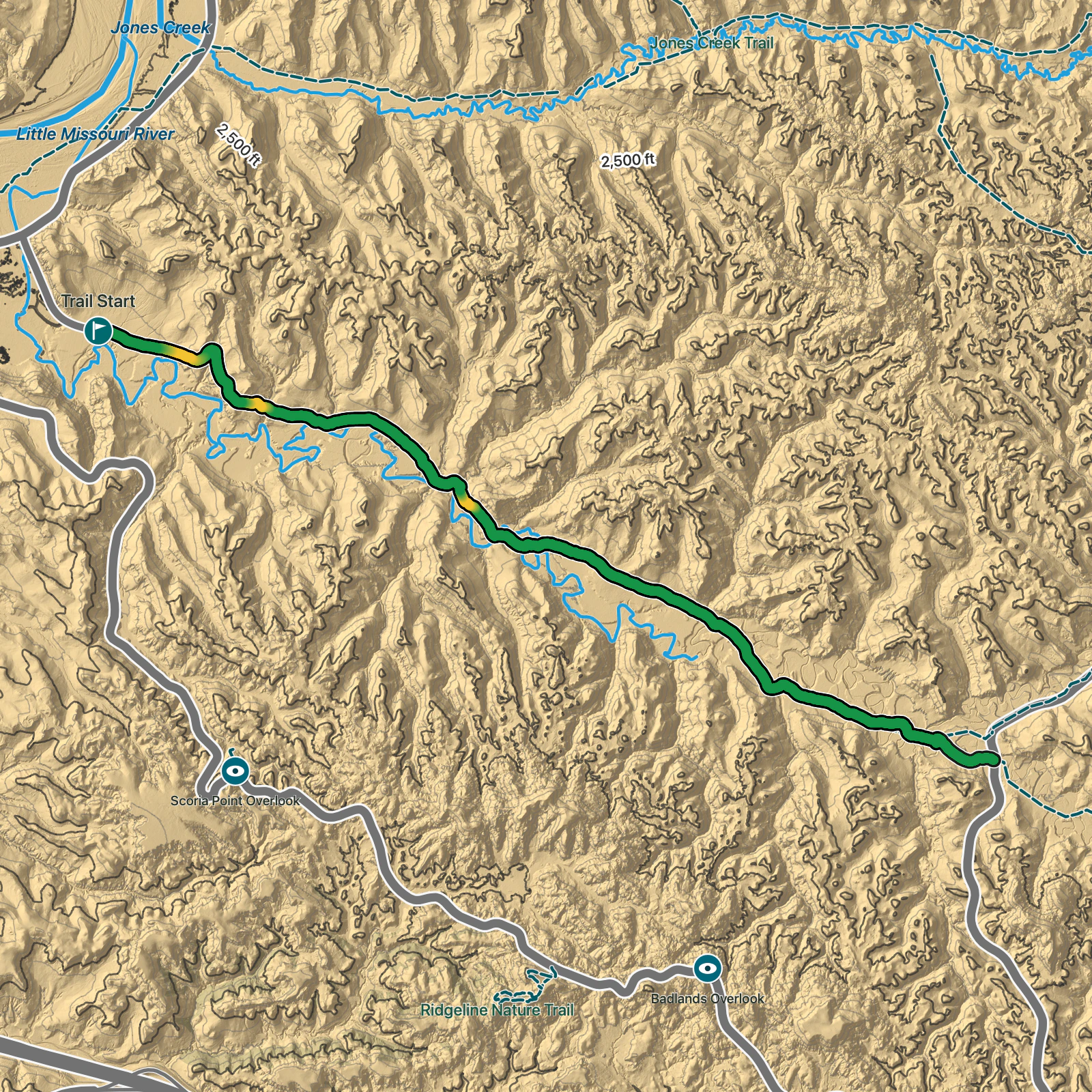 Terrain map of Lower Paddock Creek Trail in Theodore Roosevelt National Park