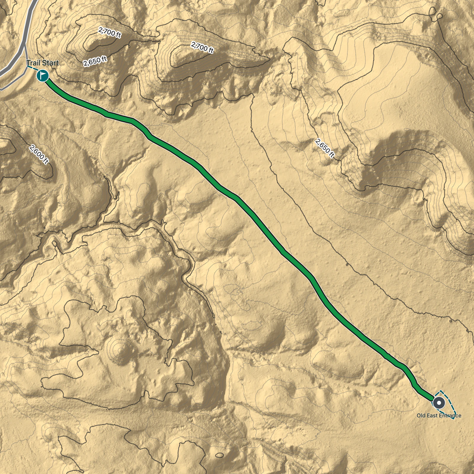 Terrain map of Old East Entrance Station Trail in Theodore Roosevelt National Park