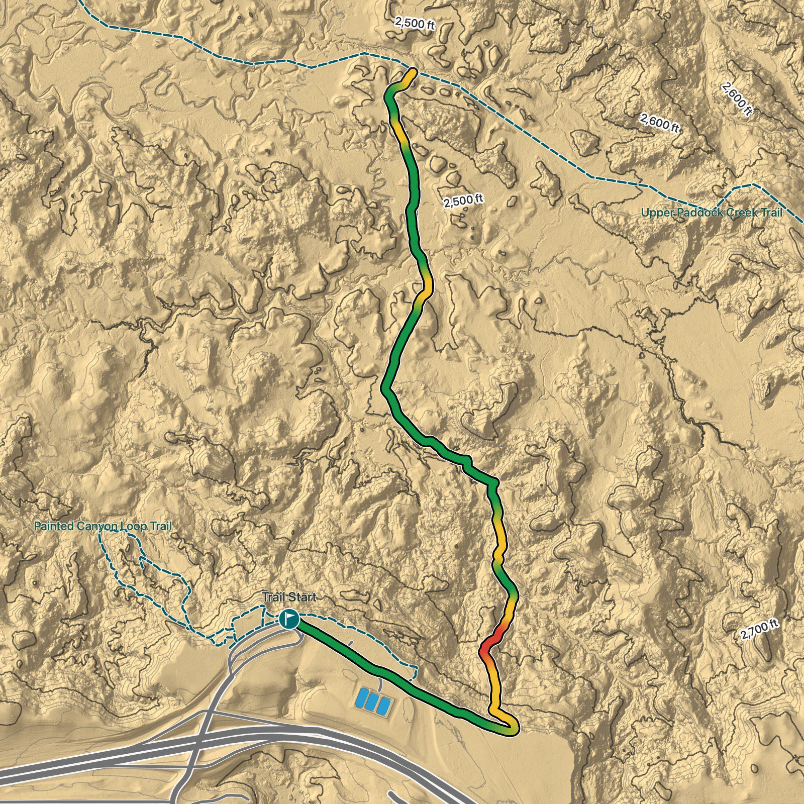 Terrain map of Painted Canyon Trail in Theodore Roosevelt National Park