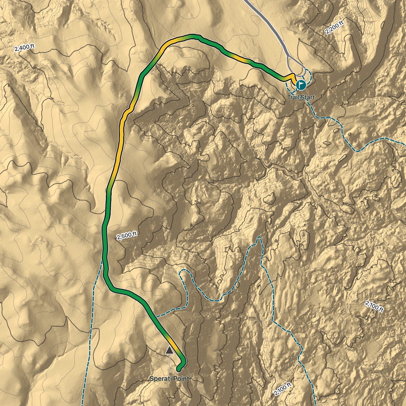 Terrain map of Sperati Point via Achenbach Trail in Theodore Roosevelt National Park