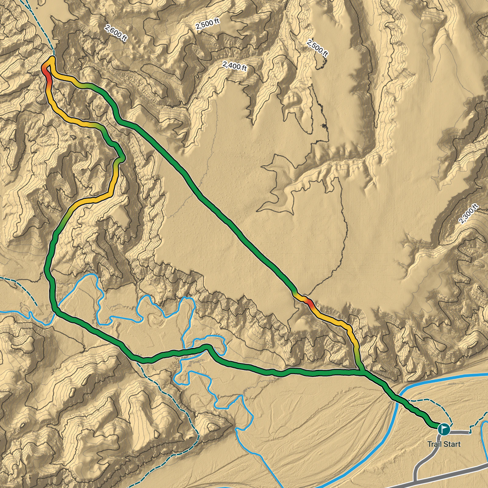 Terrain map of Big Plateau and Ekblom Trail Loop in Theodore Roosevelt National Park