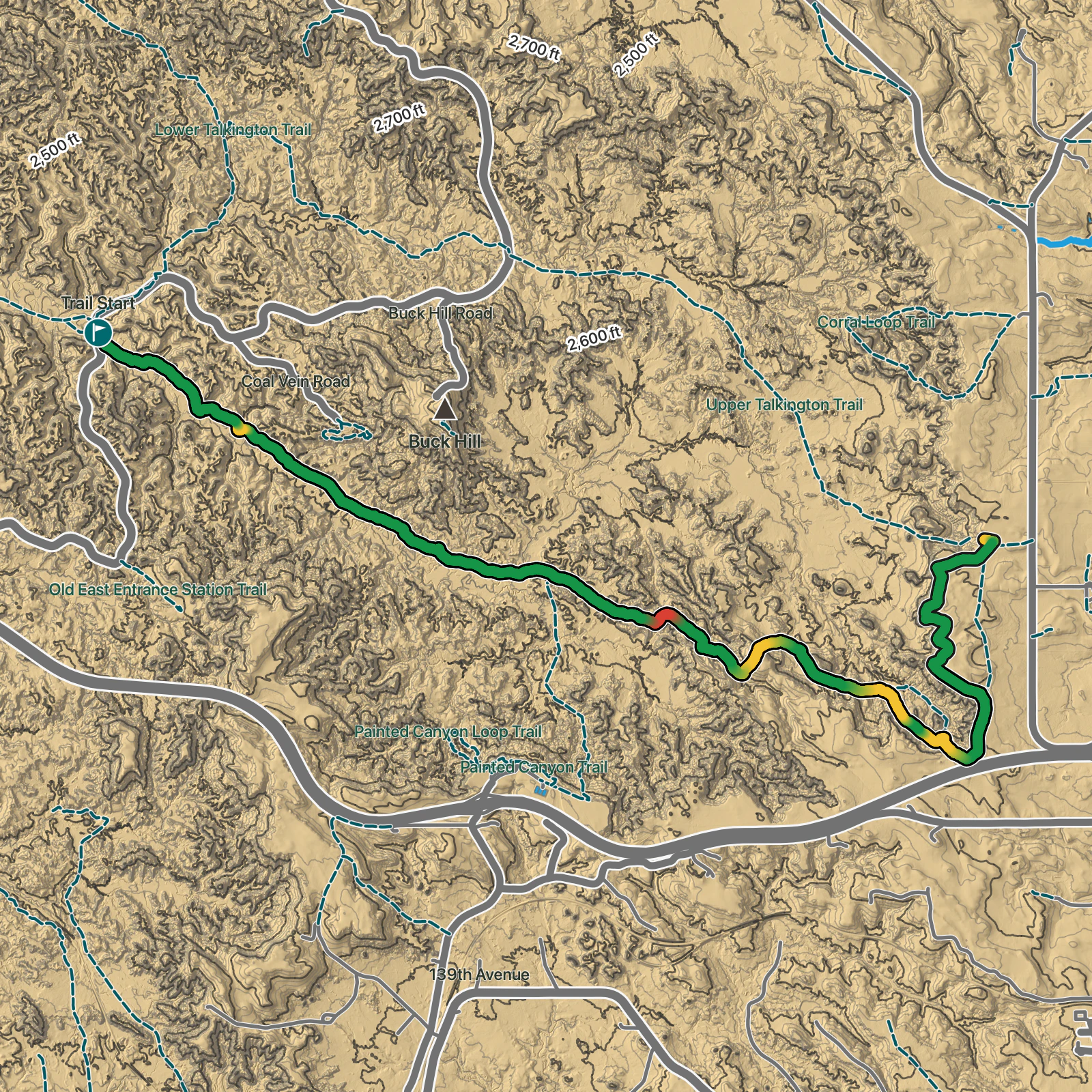 Terrain map of Upper Paddock Creek Trail in Theodore Roosevelt National Park