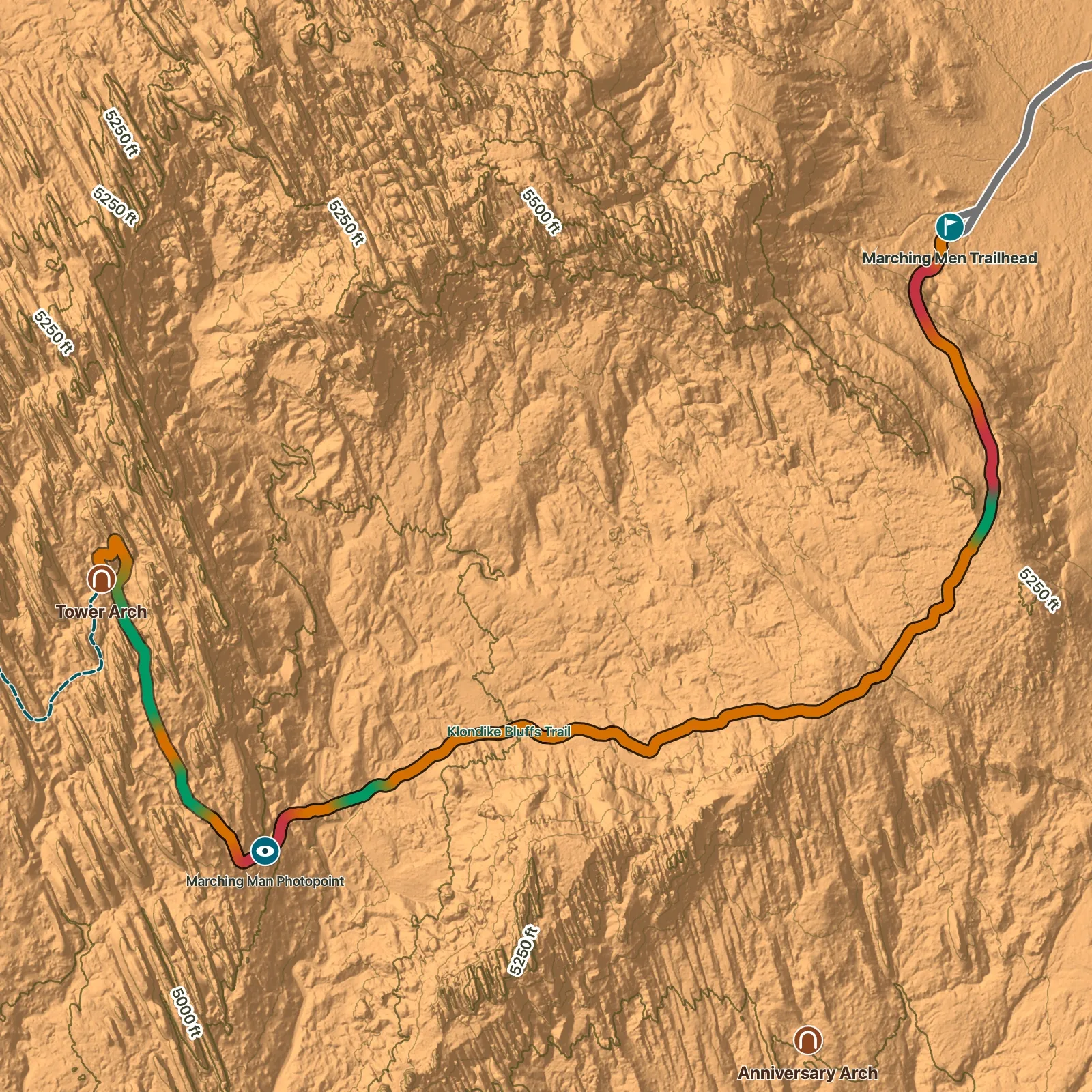 Terrain map of Tower Arch Trail in Arches National Park