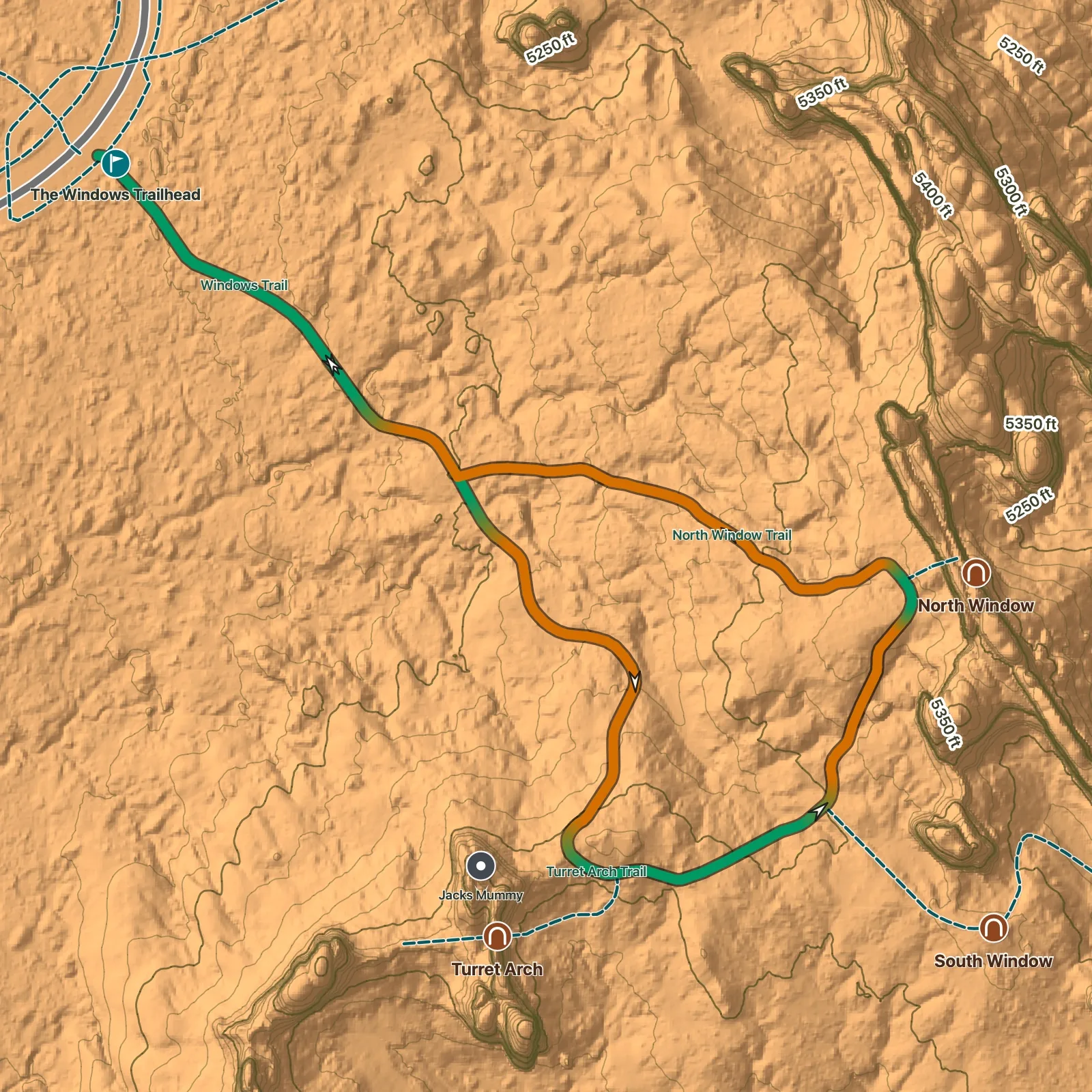 Terrain map of Turret Arch Loop in Arches National Park