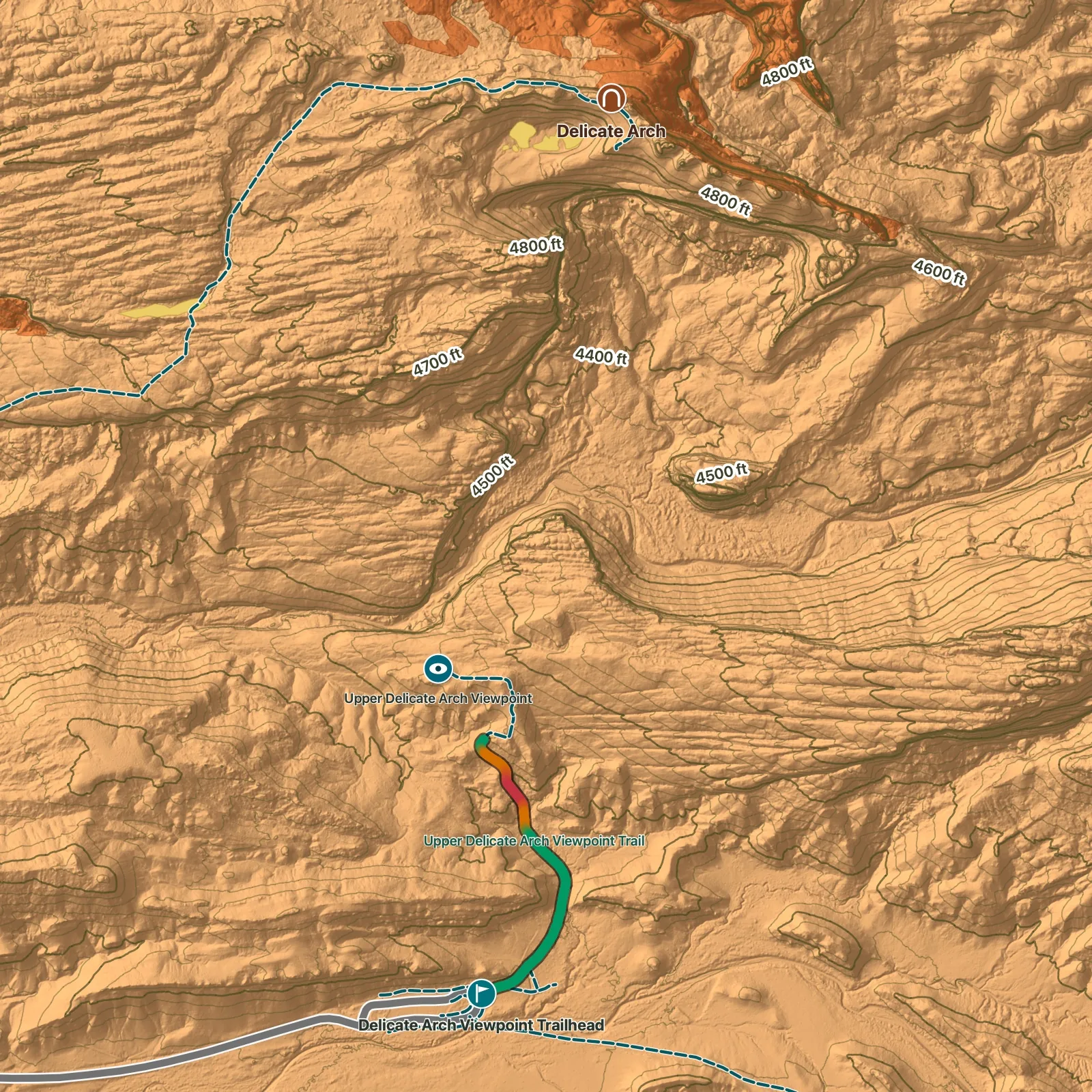Terrain map of Upper Delicate Arch Viewpoint in Arches National Park