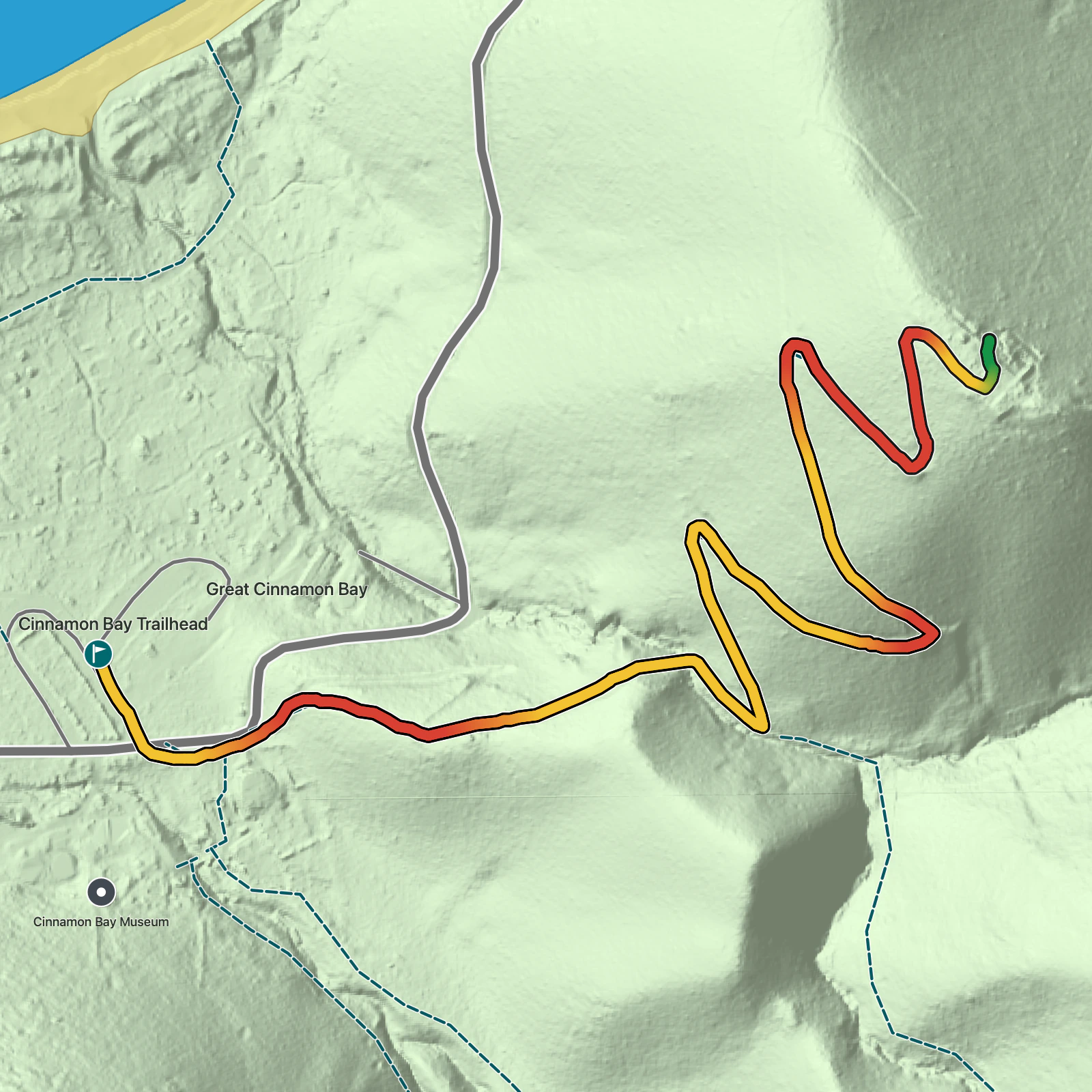 Terrain map of America Hill via Cinnamon Bay Trail in Virgin Islands National Park