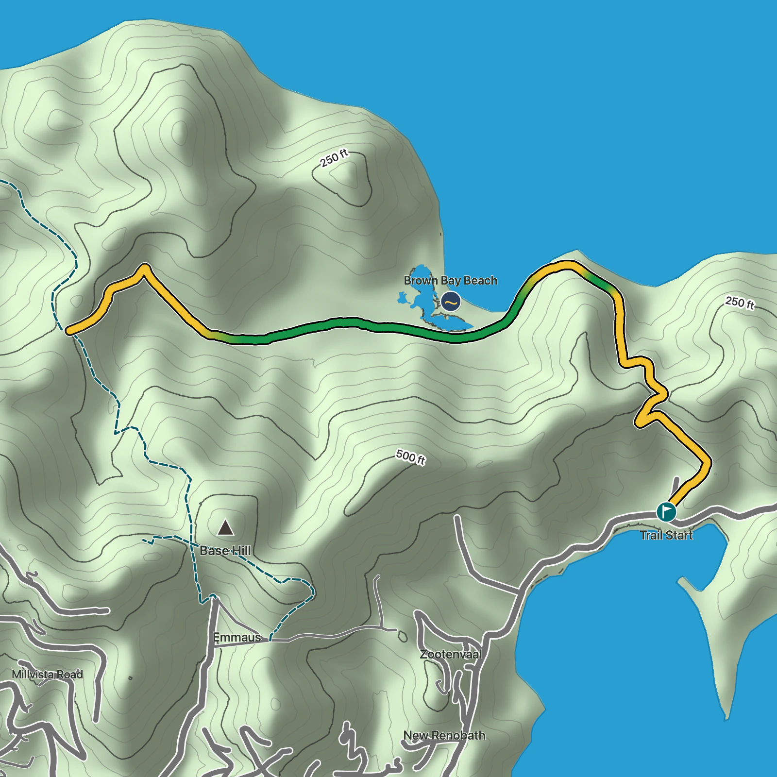 Terrain map of Brown Bay Trail in Virgin Islands National Park