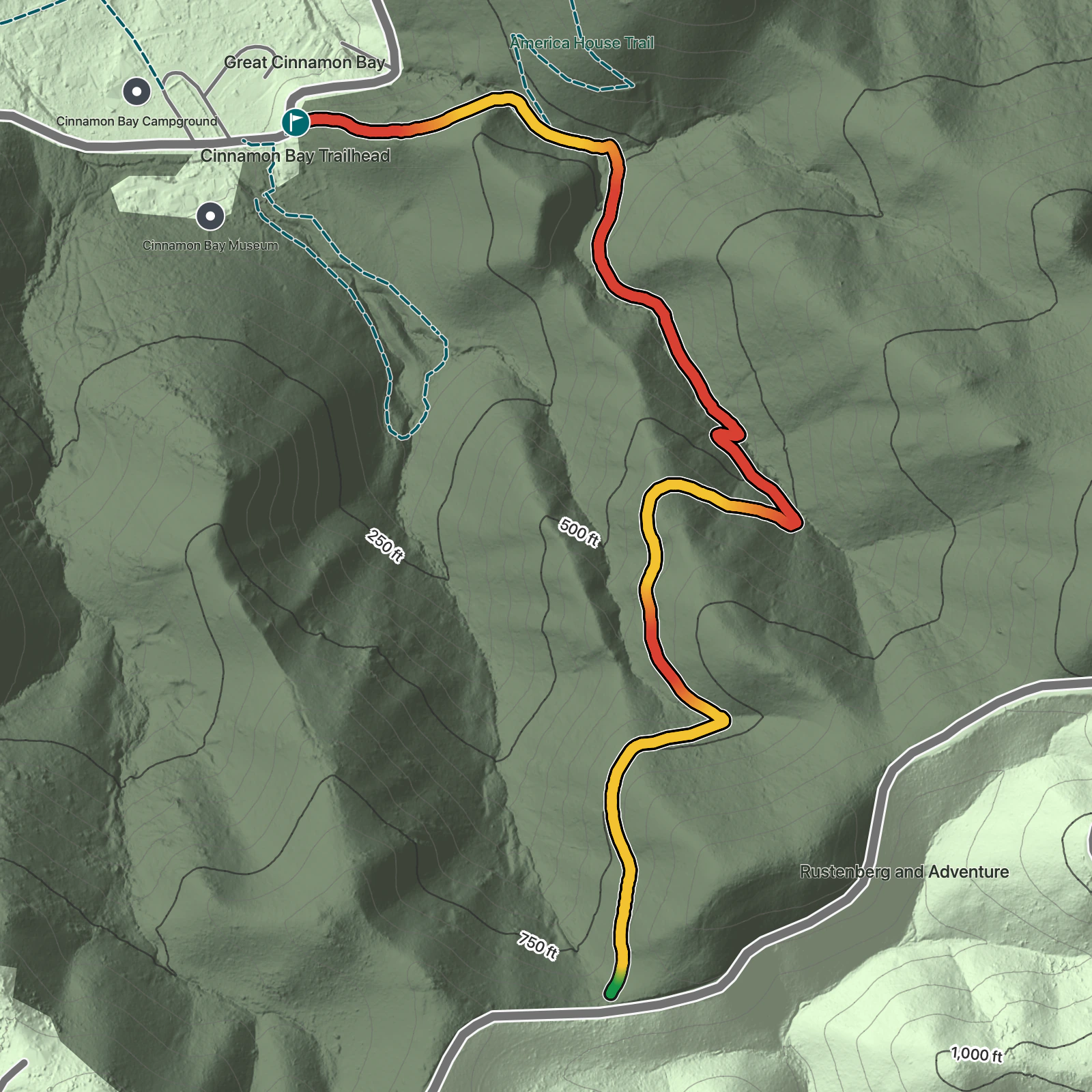 Terrain map of Cinnamon Bay Trail in Virgin Islands National Park