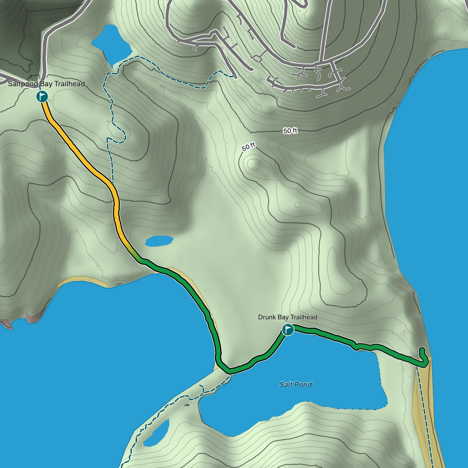 Terrain map of Drunk Bay Trail in Virgin Islands National Park