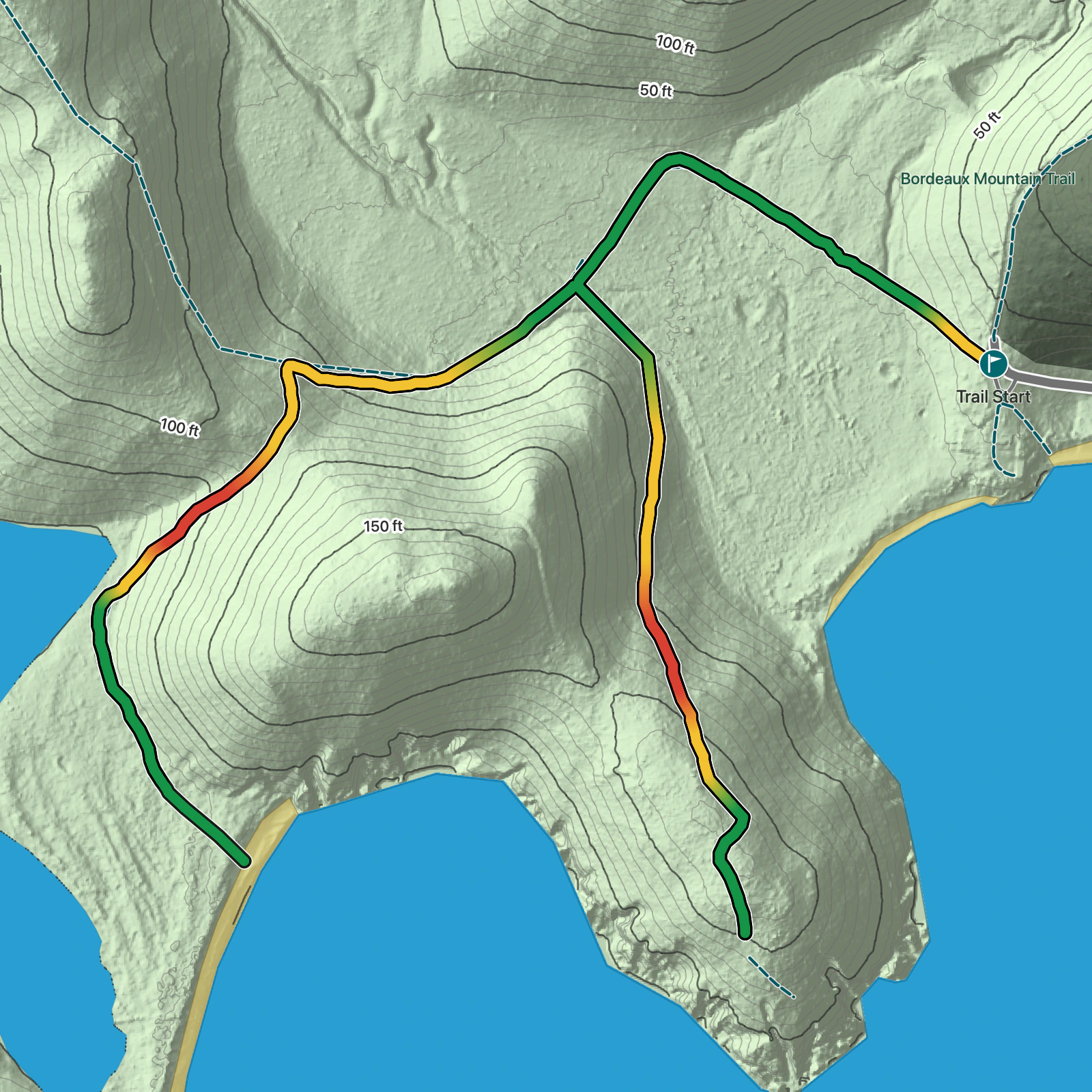 Terrain map of Europa Bay Trail and Europa Point in Virgin Islands National Park