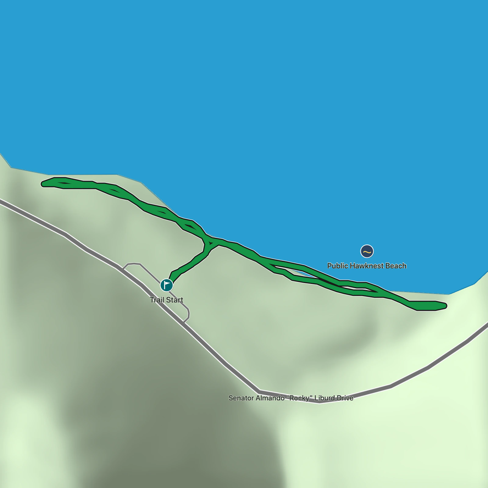 Terrain map of Hawksnest Beach Shore Walk in Virgin Islands National Park