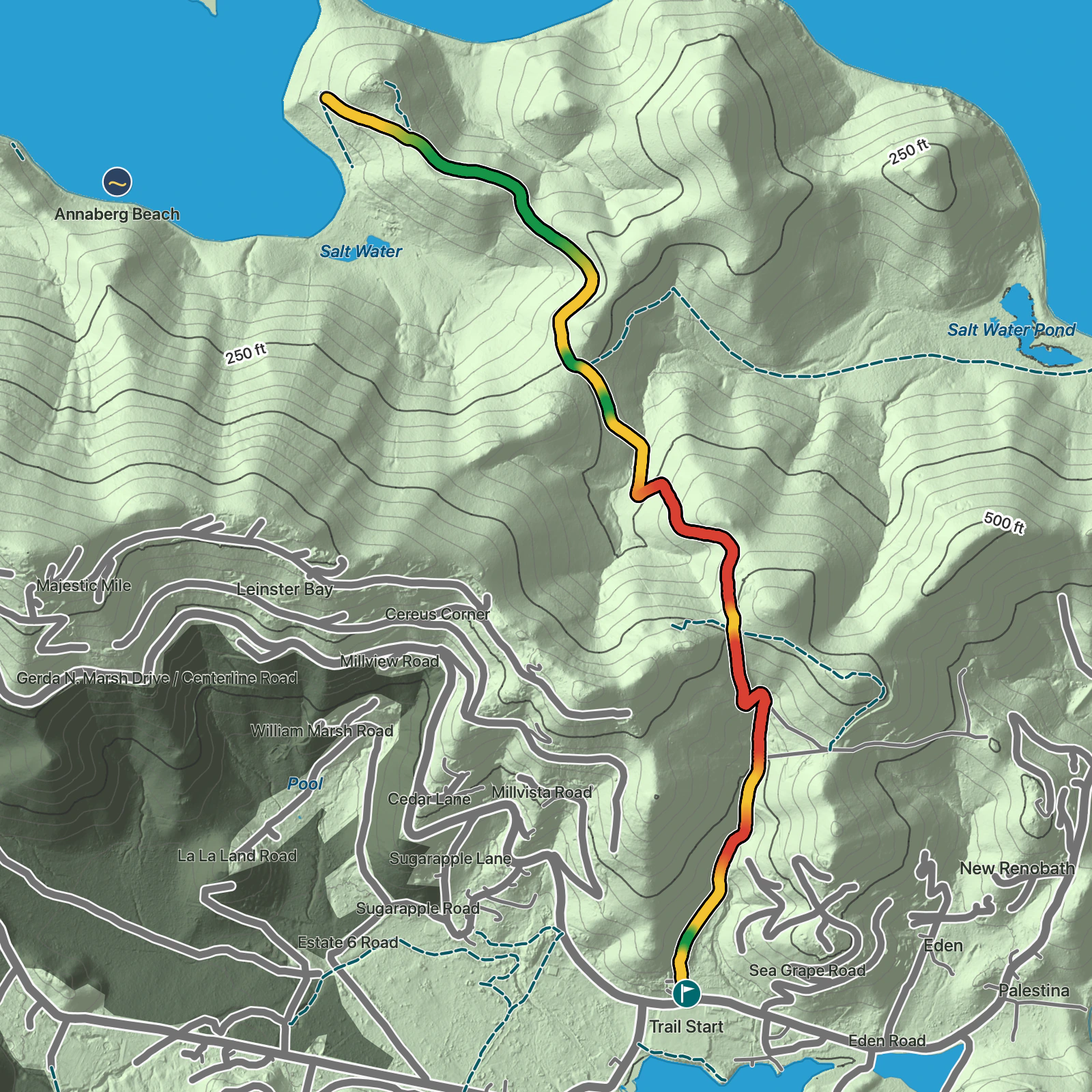 Terrain map of Johnny Horn Trail in Virgin Islands National Park