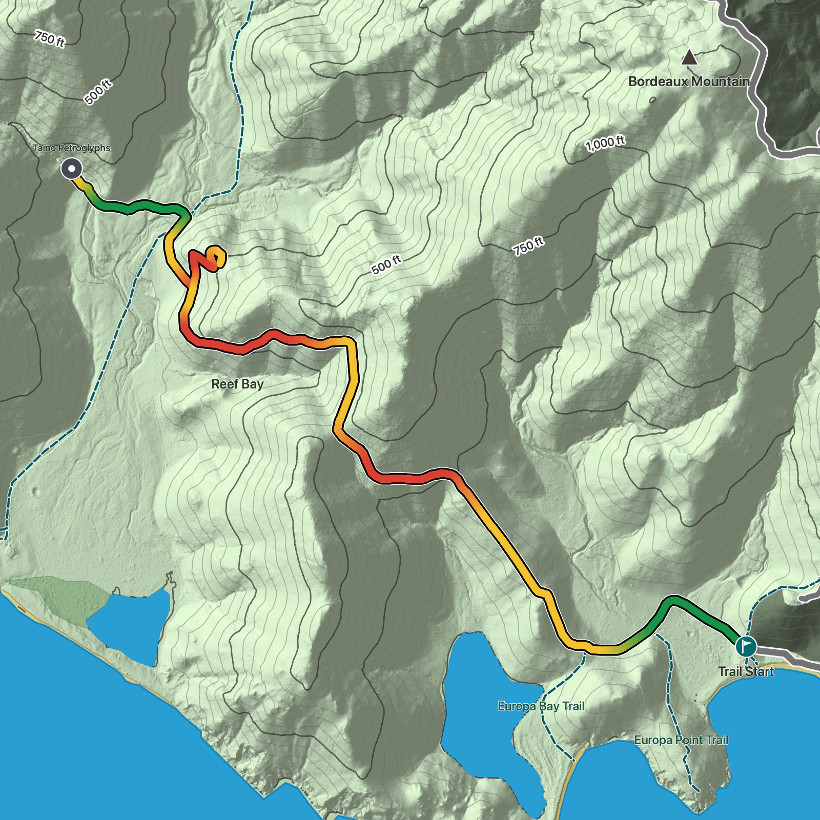 Terrain map of Lameshur Bay Trail in Virgin Islands National Park