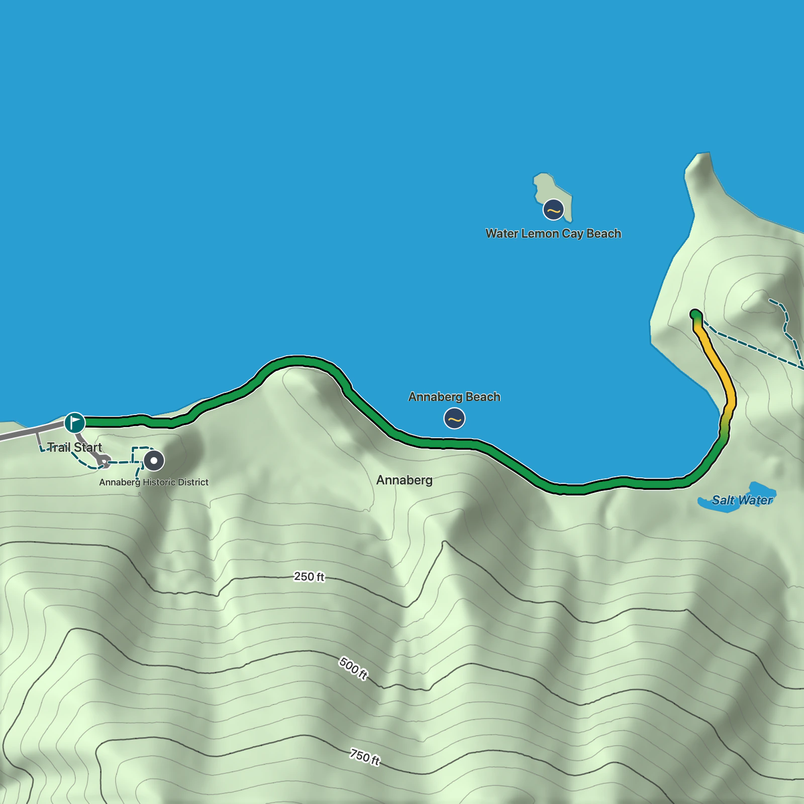 Terrain map of Leinster Bay Trail in Virgin Islands National Park