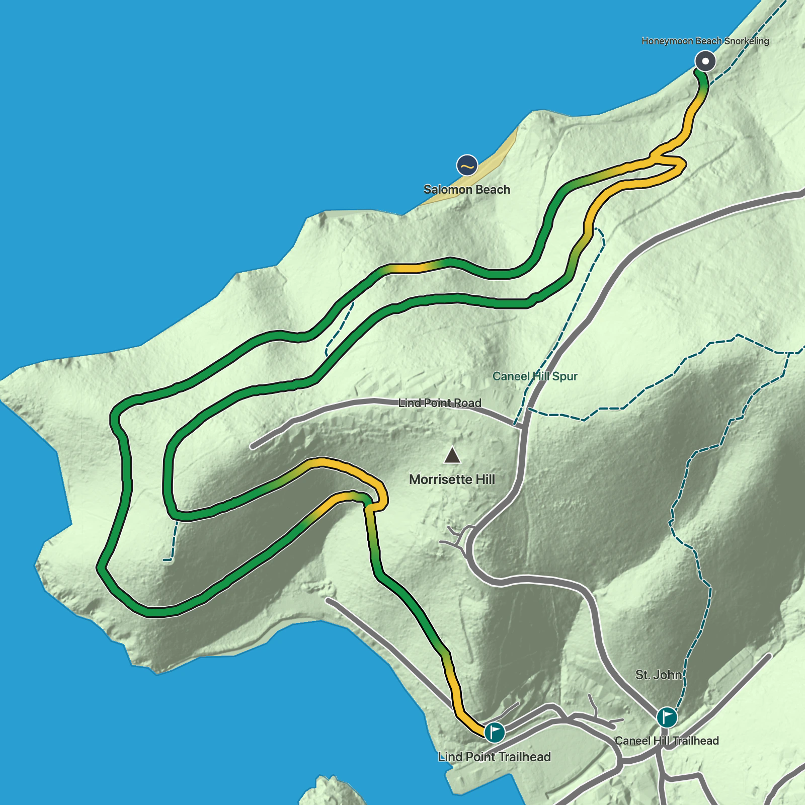 Terrain map of Lind Point Trail to Honeymoon Beach in Virgin Islands National Park