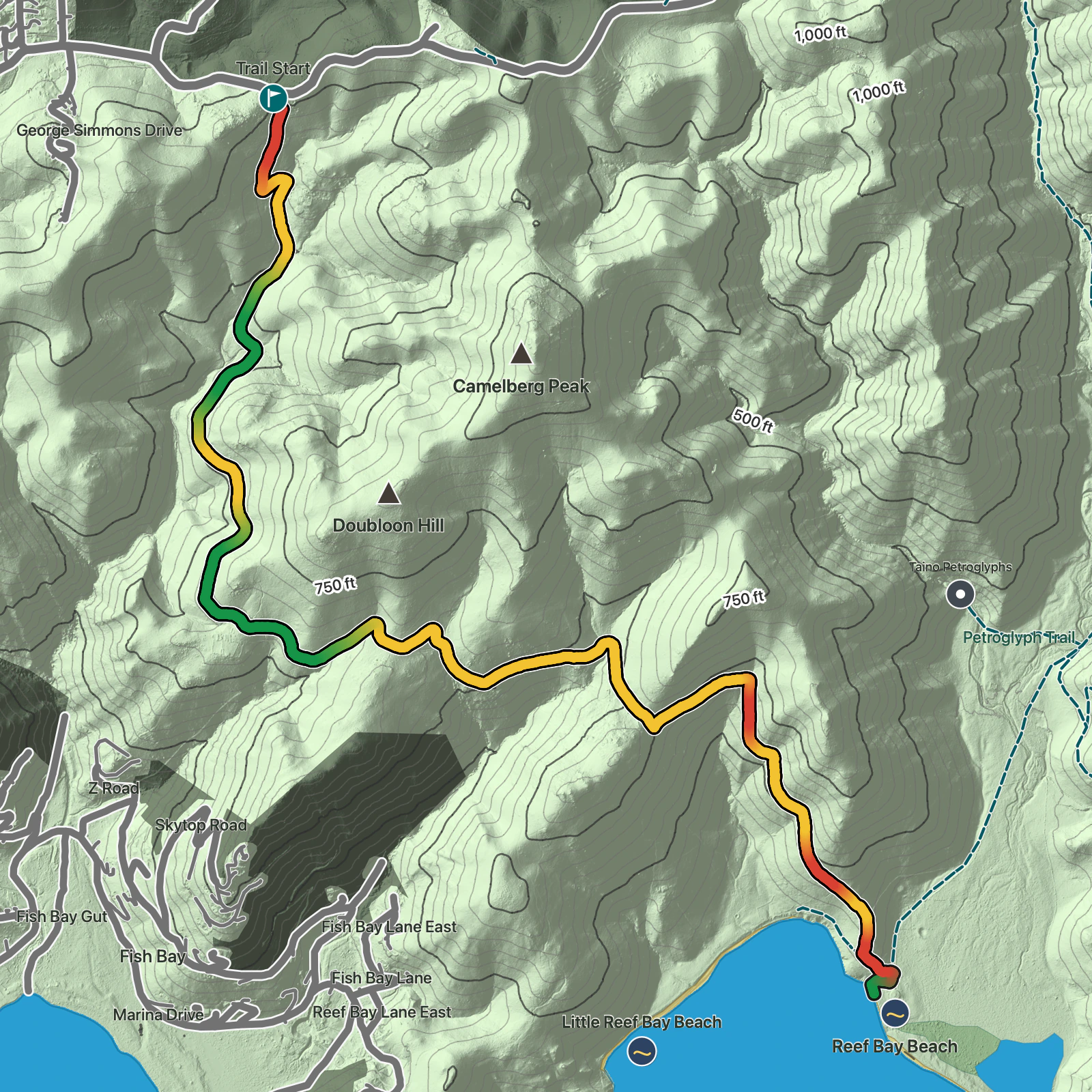 Terrain map of Reef Bay Beach via L'Esperance Trail in Virgin Islands National Park