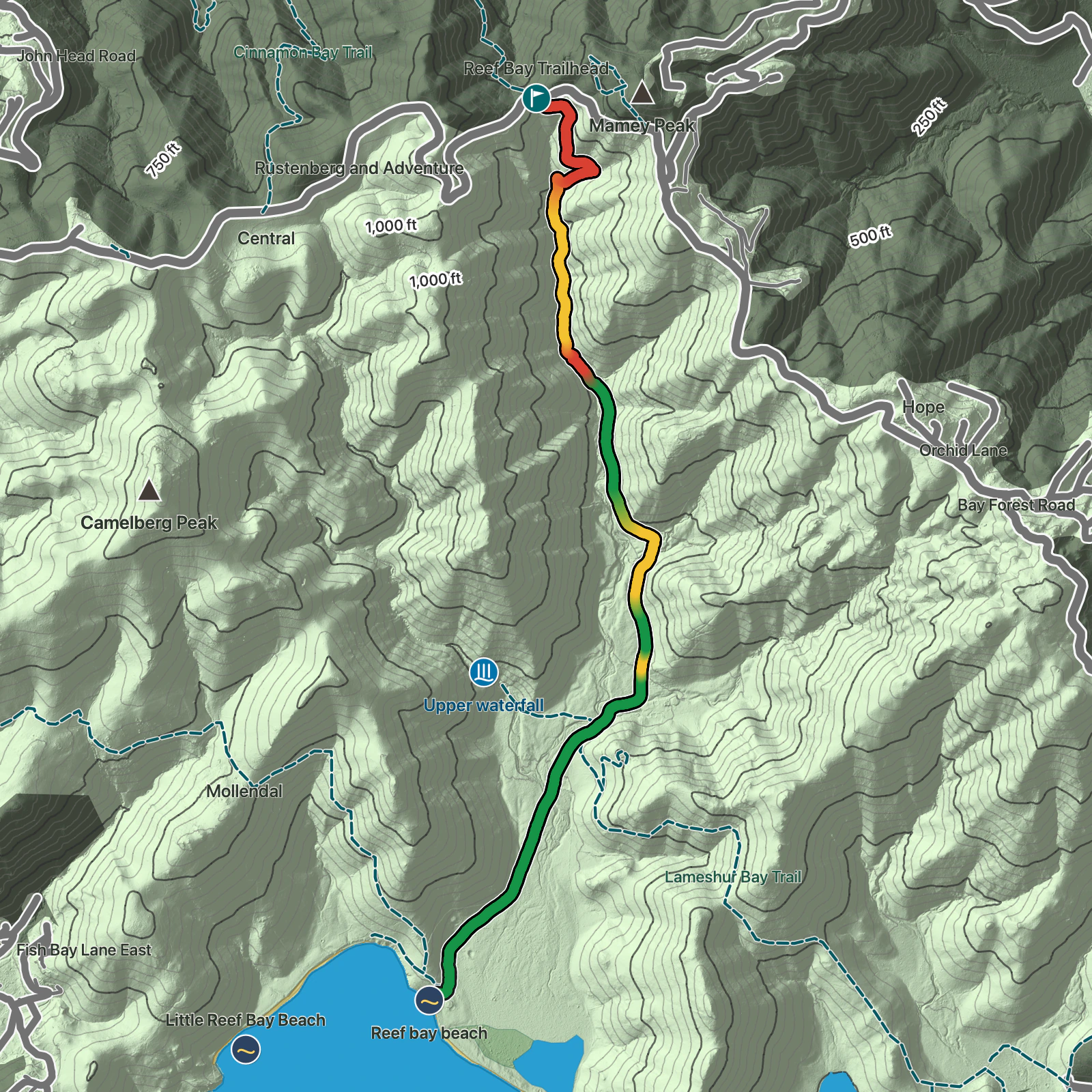 Terrain map of Reef Bay Trail in Virgin Islands National Park