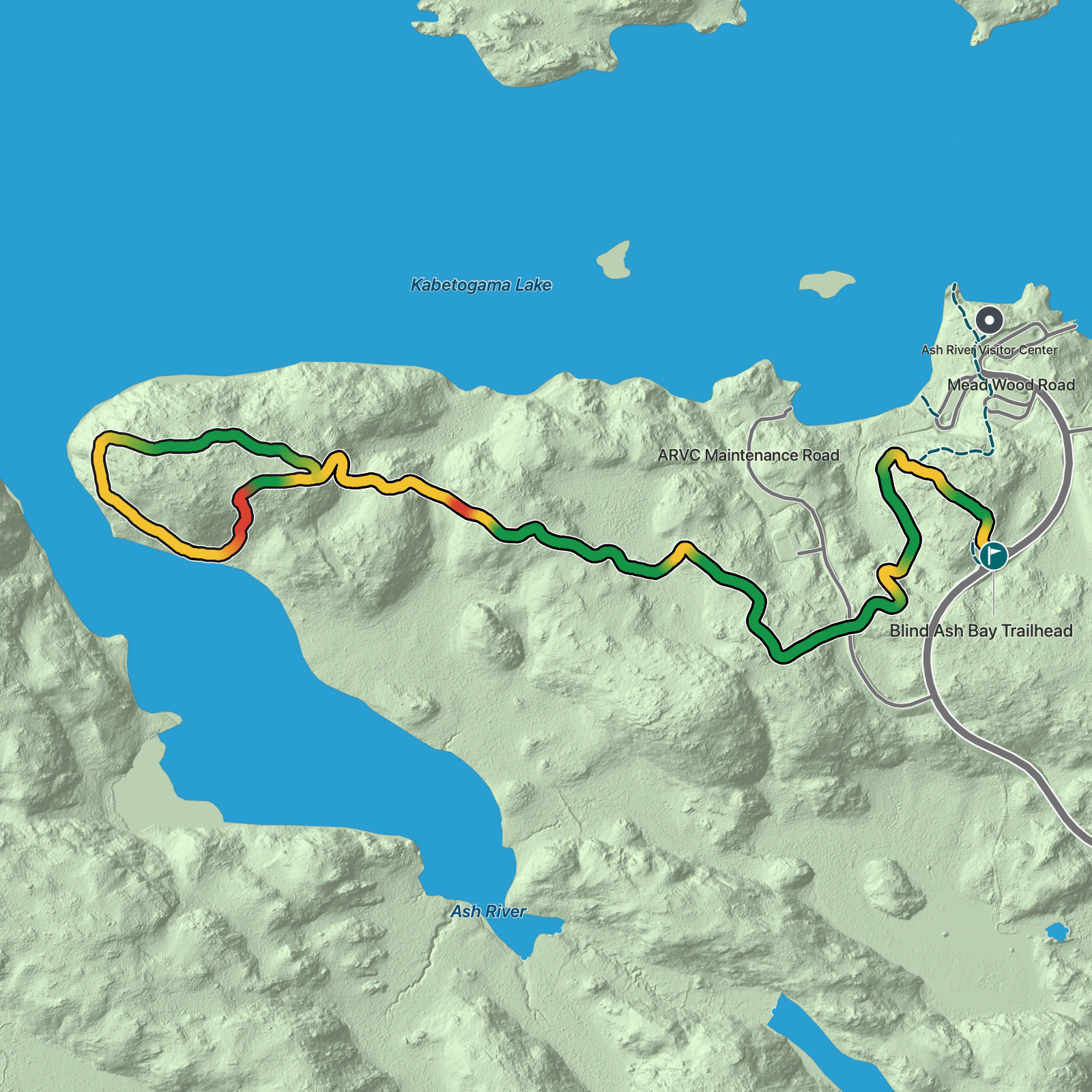 Terrain map of Blind Ash Bay Trail in Voyageurs National Park