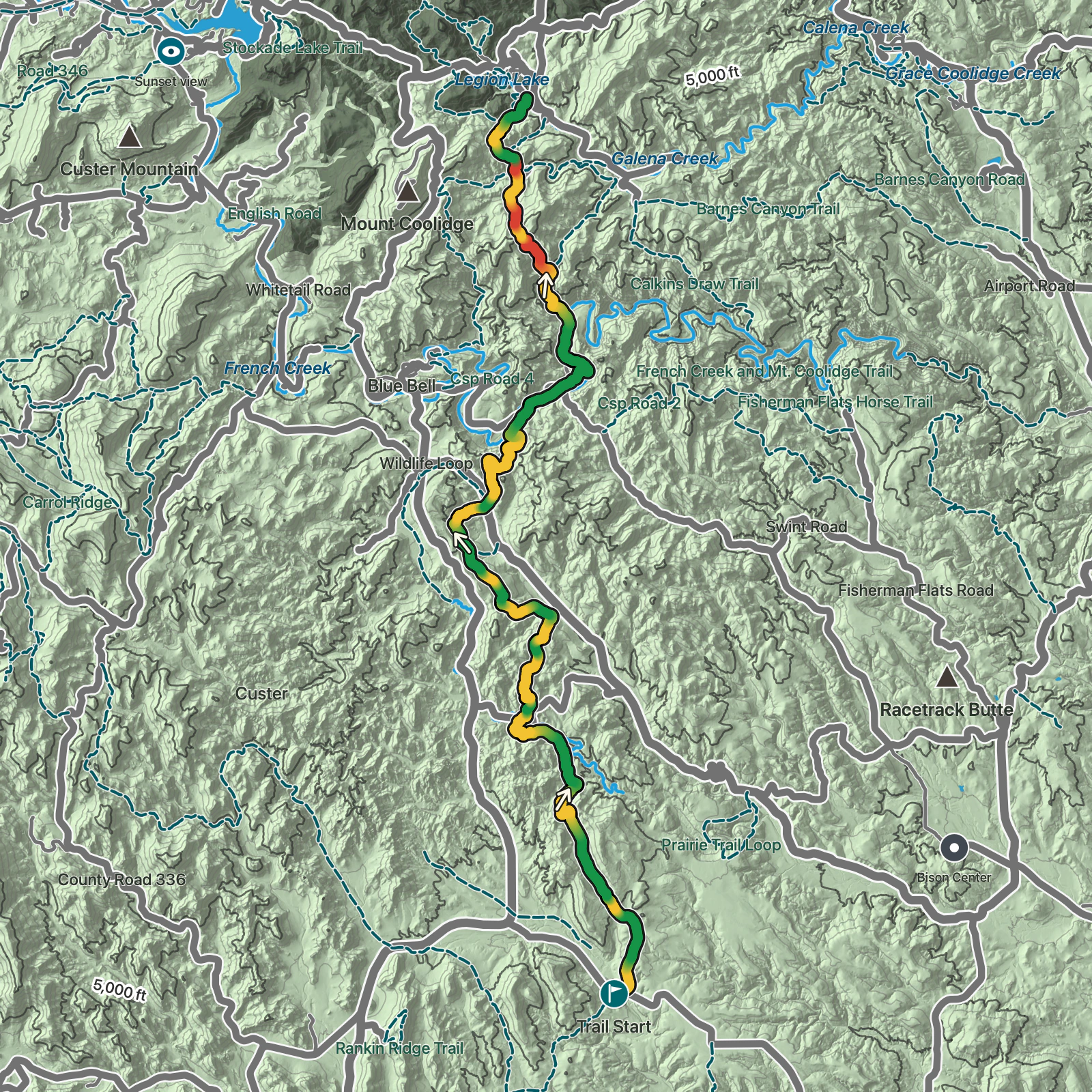 Terrain map of Centennial Trail: Highland Creek to Badger Hole in Wind Cave National Park