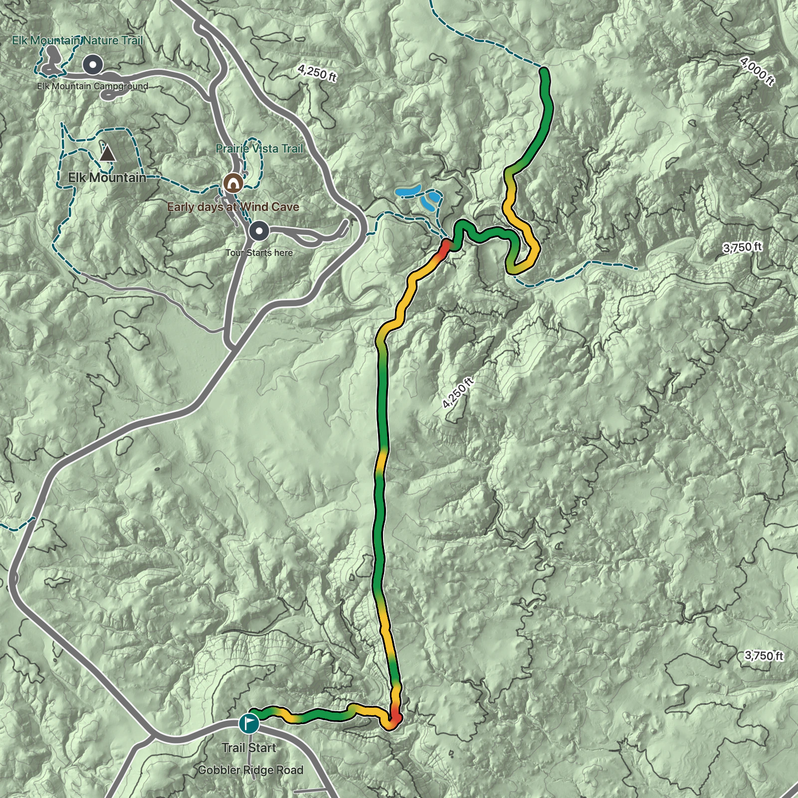 Terrain map of East Bison Flats Trail in Wind Cave National Park
