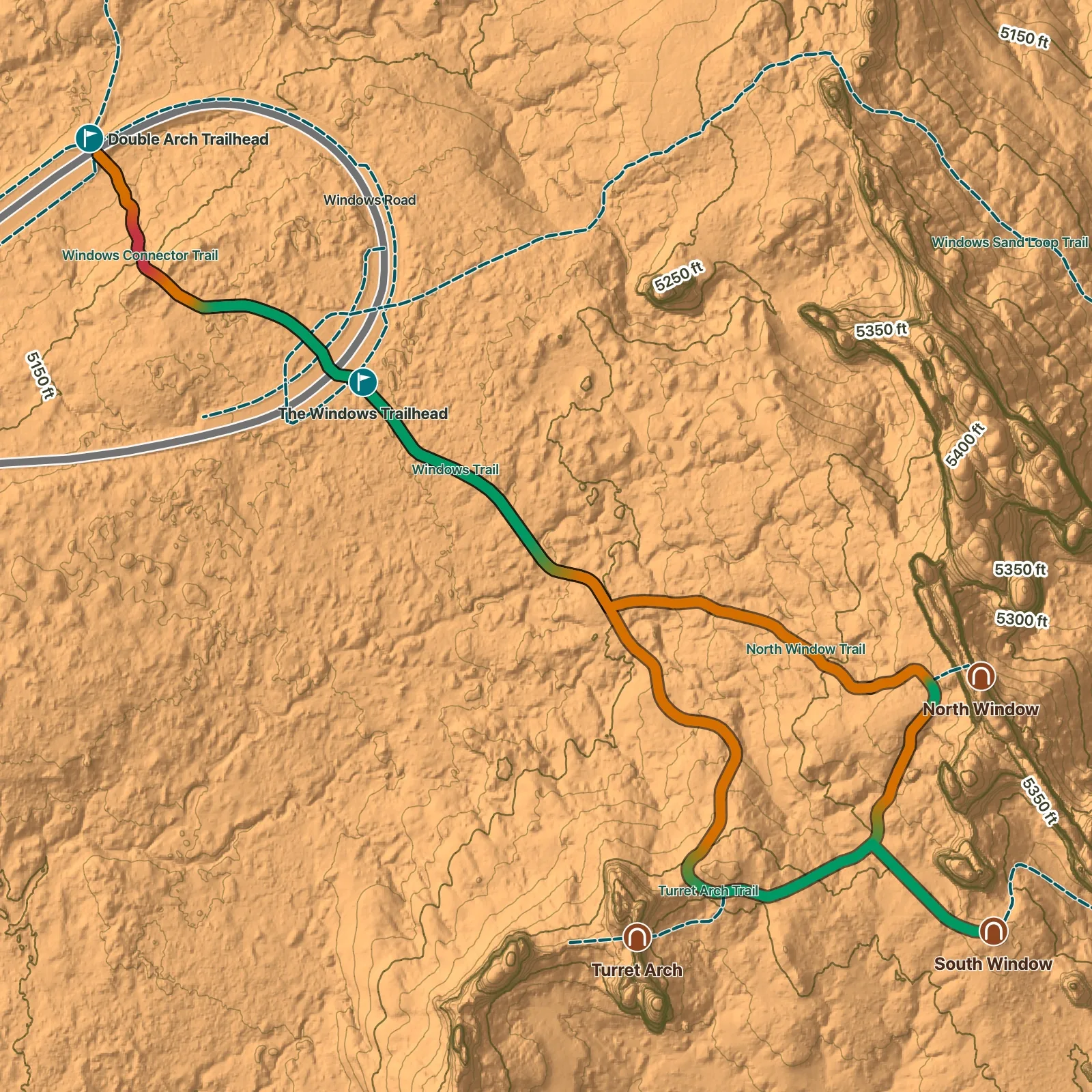 Terrain map of The Windows Loop in Arches National Park