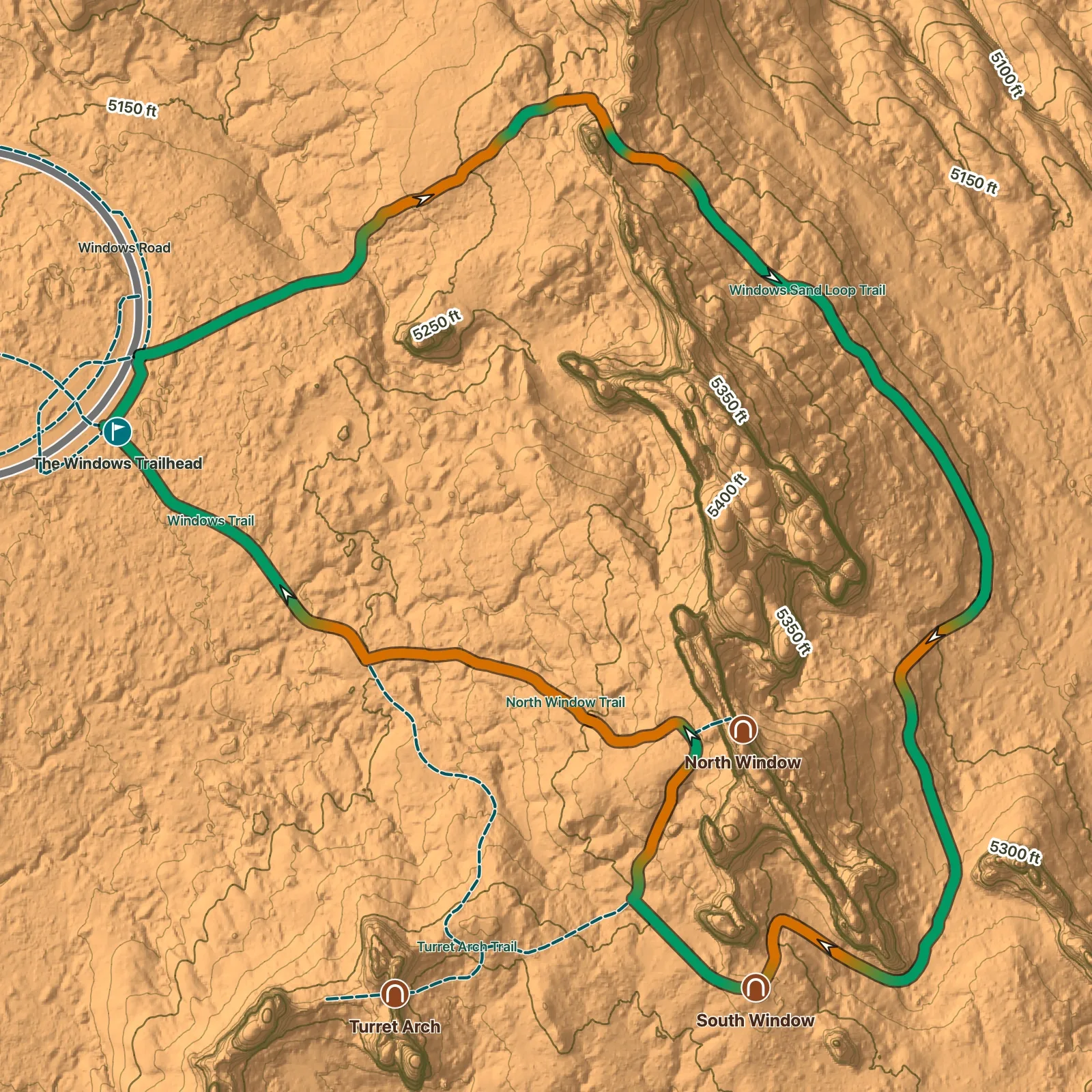 Terrain map of Windows Primitive Loop in Arches National Park