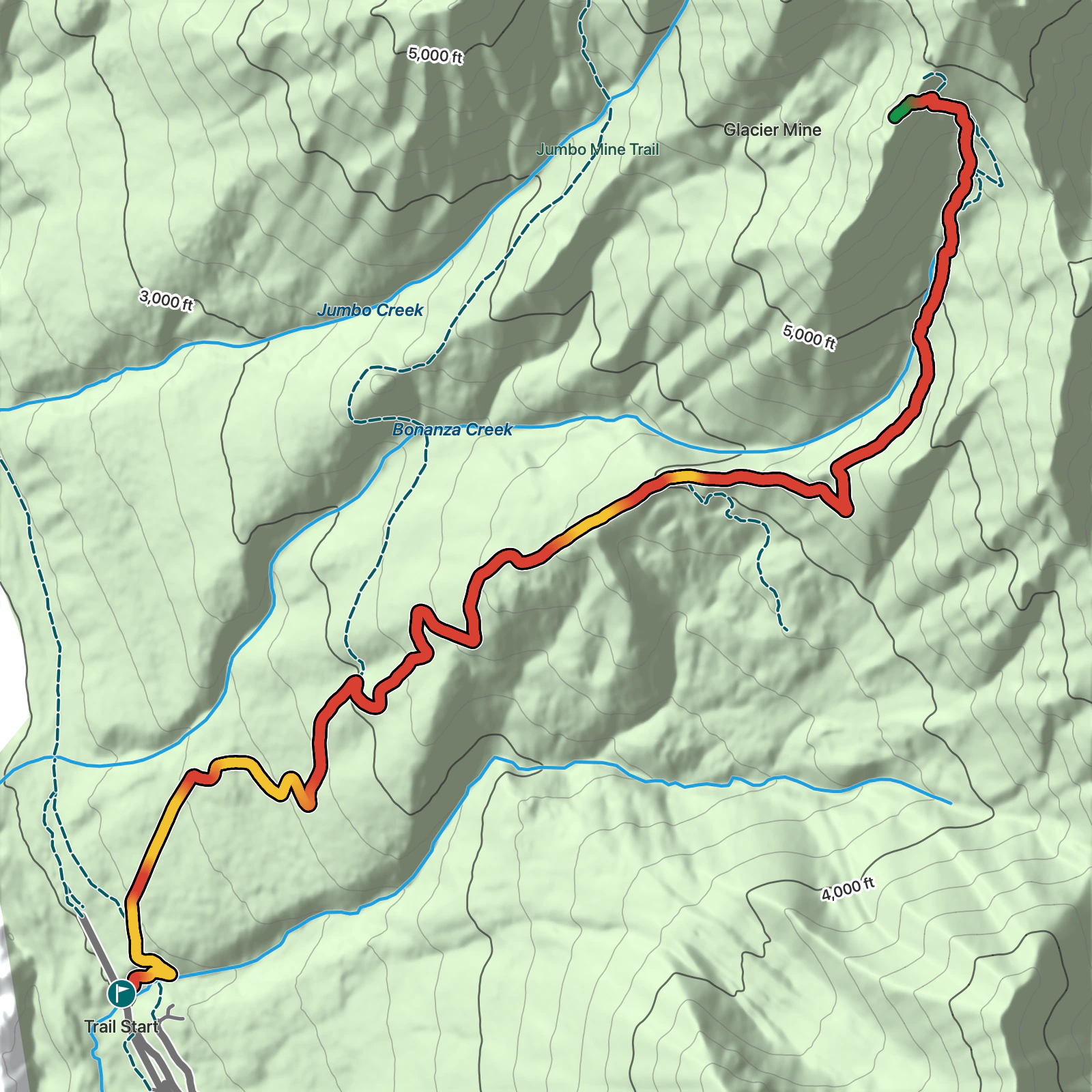 Terrain map of Bonanza Mine Trail in Wrangell-St. Elias National Park and Preserve