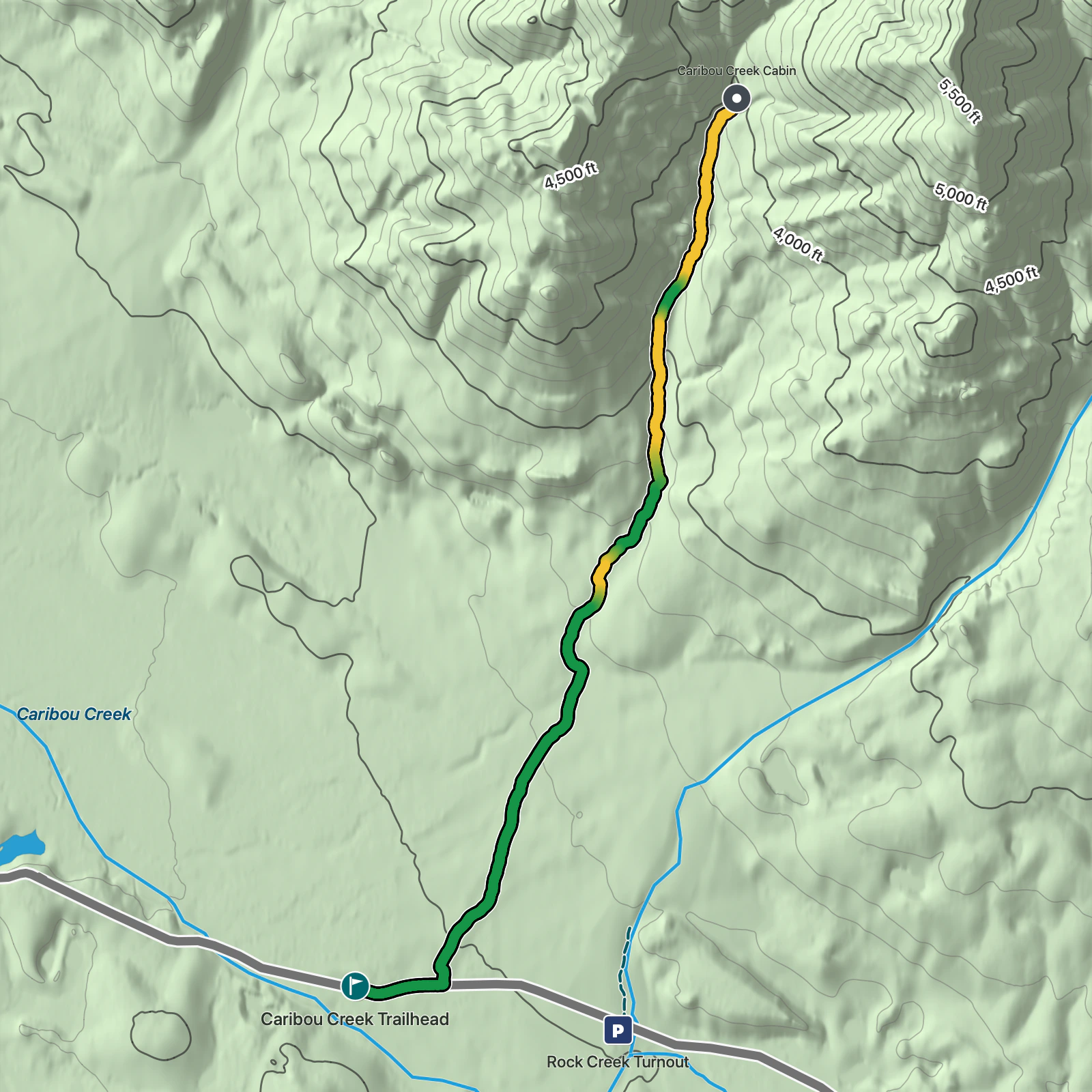 Terrain map of Caribou Creek Trail in Wrangell-St. Elias National Park and Preserve