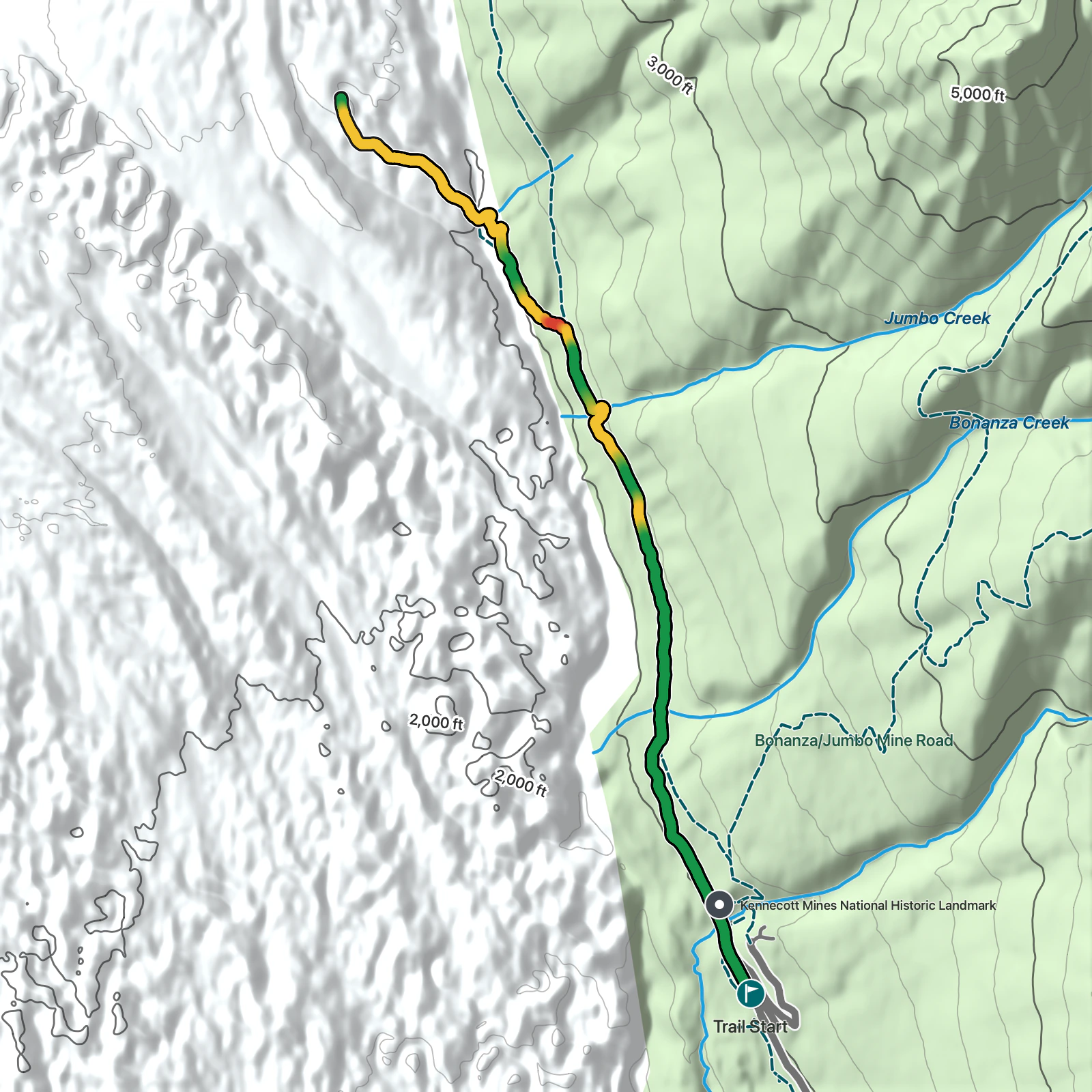 Terrain map of Root Glacier Trail and 2026 Access Reroute in Wrangell-St. Elias National Park and Preserve