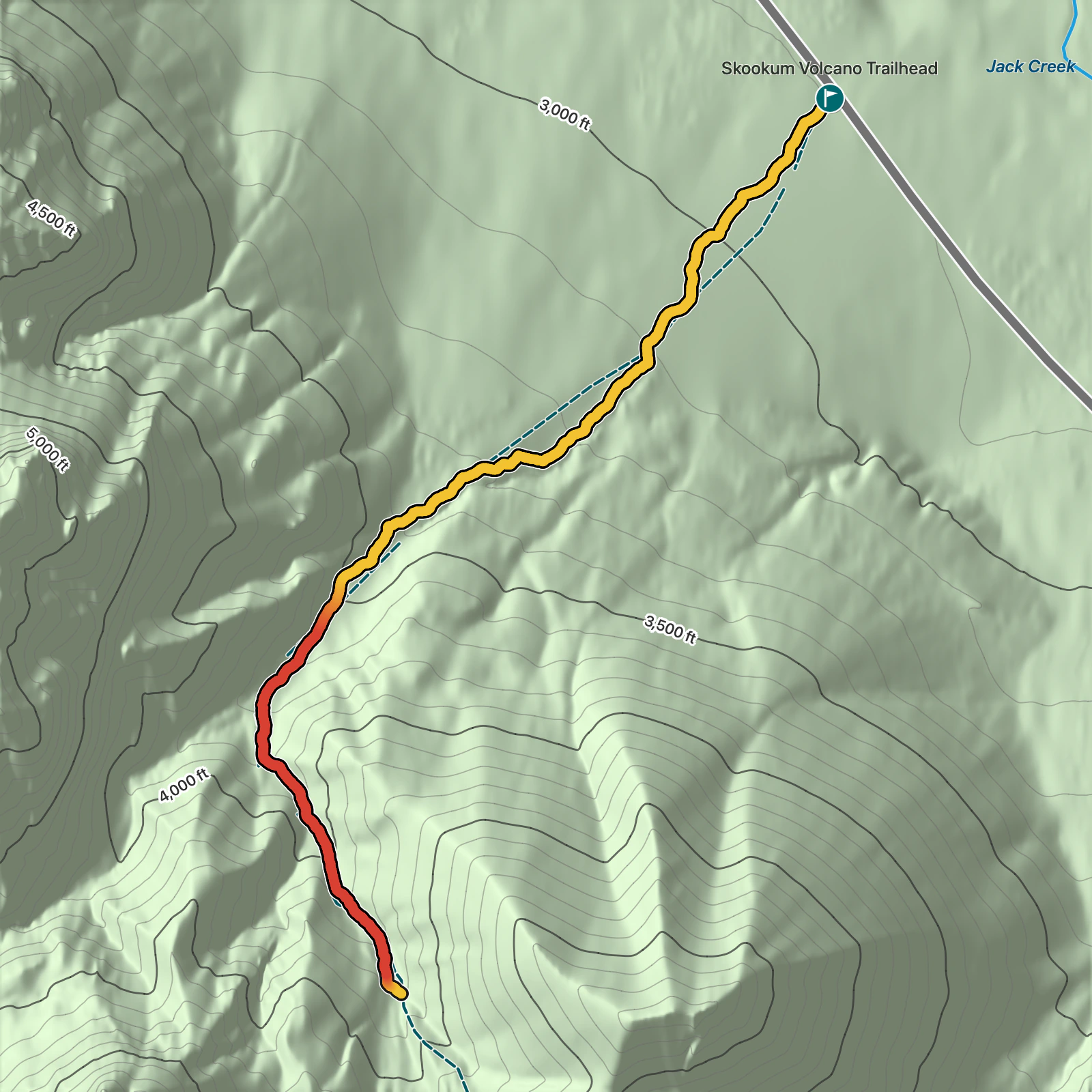 Terrain map of Skookum Volcano Trail in Wrangell-St. Elias National Park and Preserve
