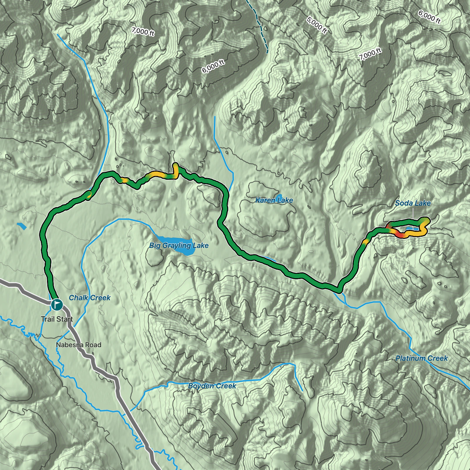 Terrain map of Soda Lake Trail in Wrangell-St. Elias National Park and Preserve