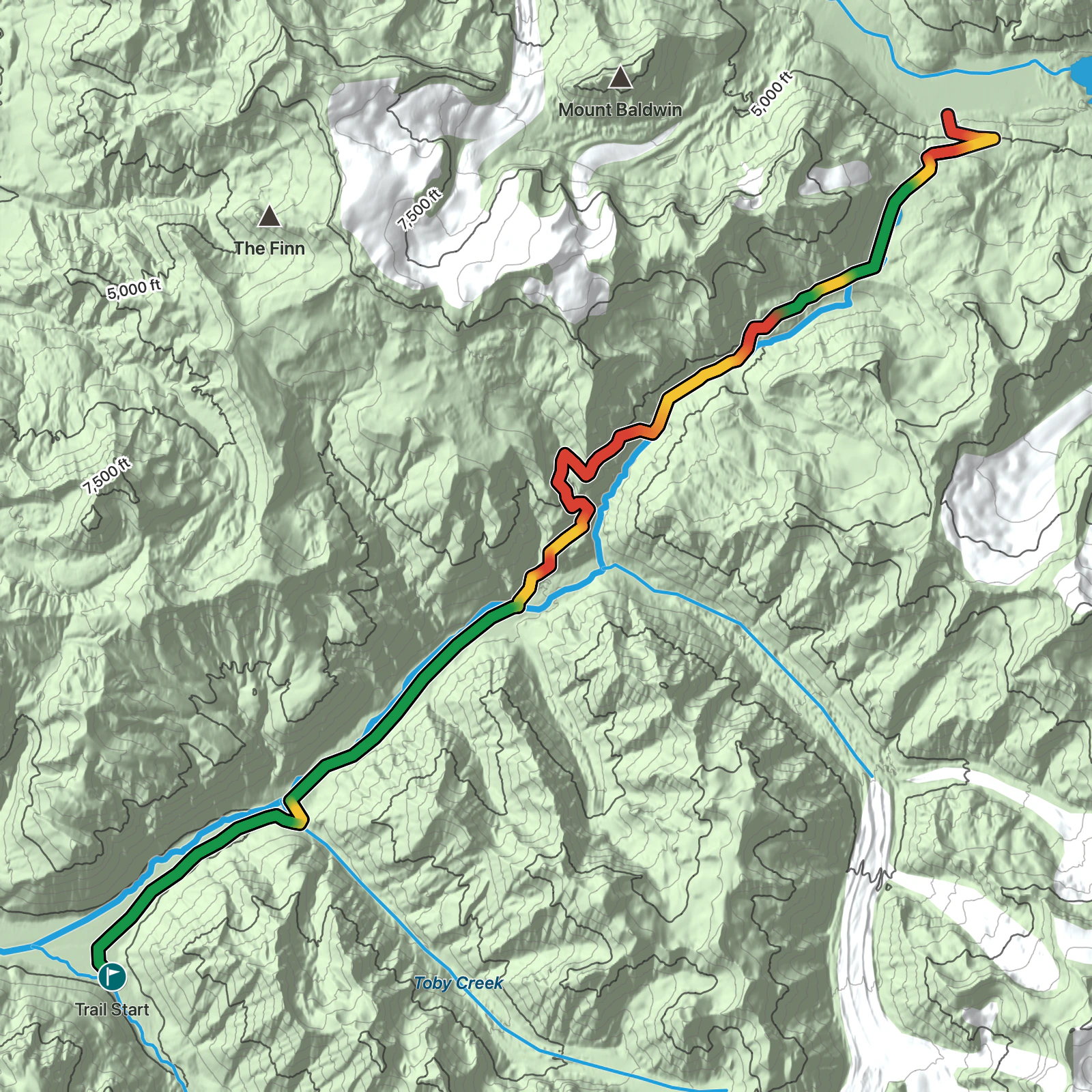Terrain map of The Goat Trail Backcountry Route in Wrangell-St. Elias National Park and Preserve