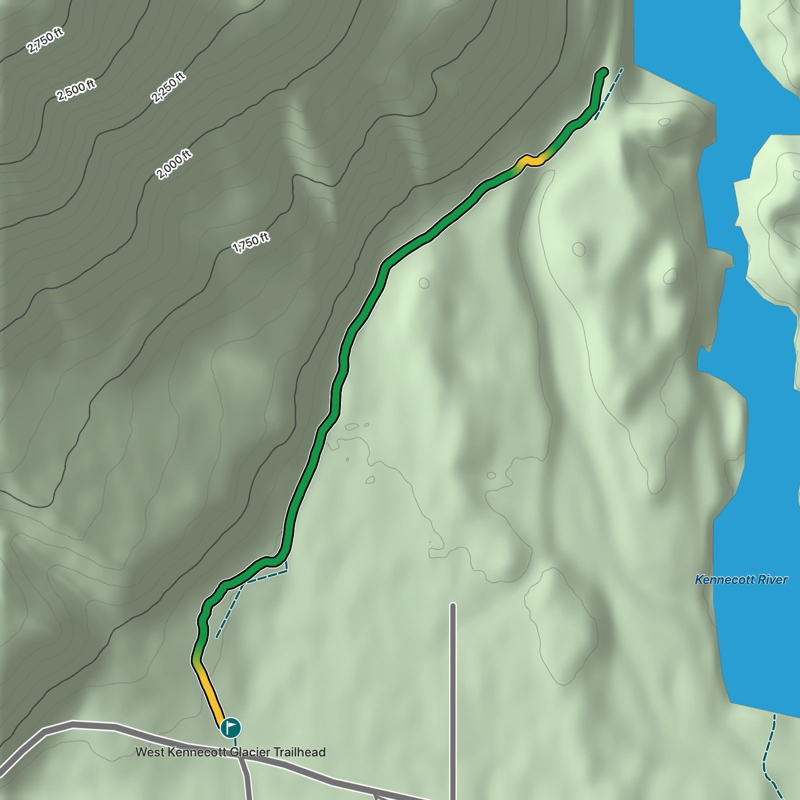 Terrain map of West Kennicott Glacier View Trail in Wrangell-St. Elias National Park and Preserve