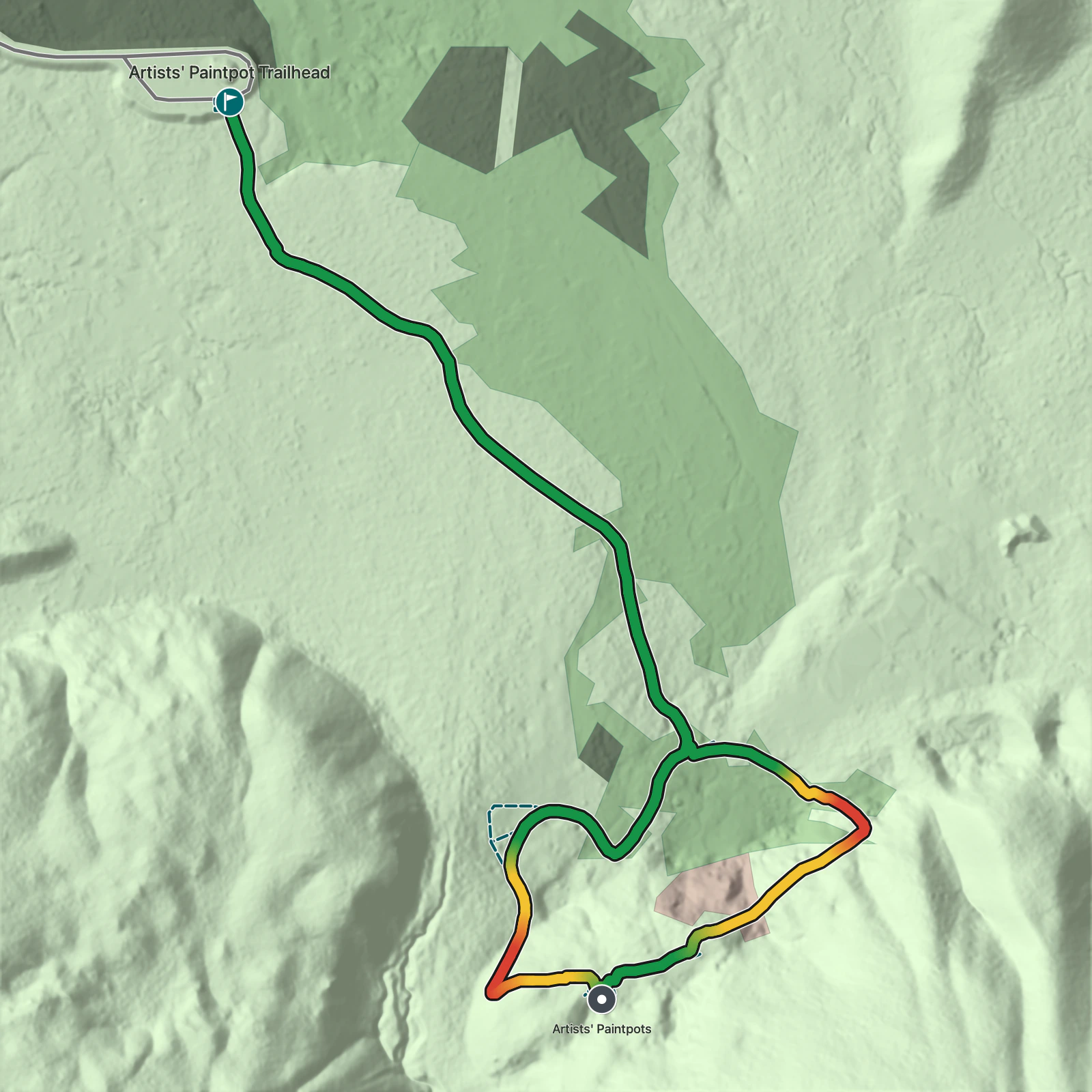 Terrain map of Artists Paintpots Trail in Yellowstone National Park