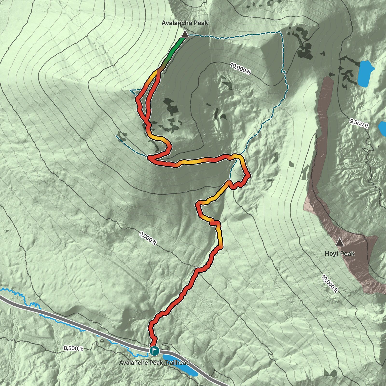 Terrain map of Avalanche Peak Trail in Yellowstone National Park