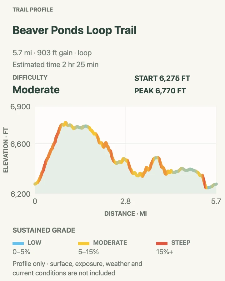 Elevation profile for Beaver Ponds Loop in Yellowstone National Park