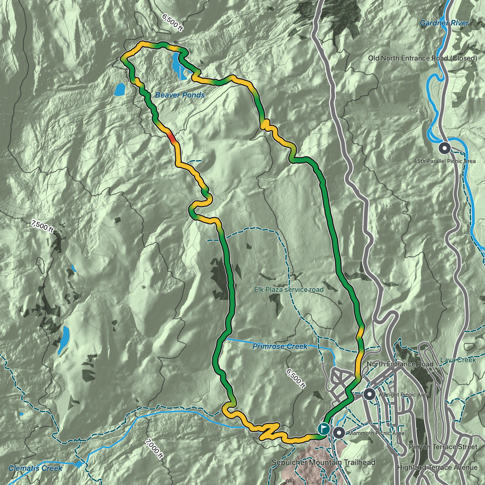 Terrain map of Beaver Ponds Loop in Yellowstone National Park