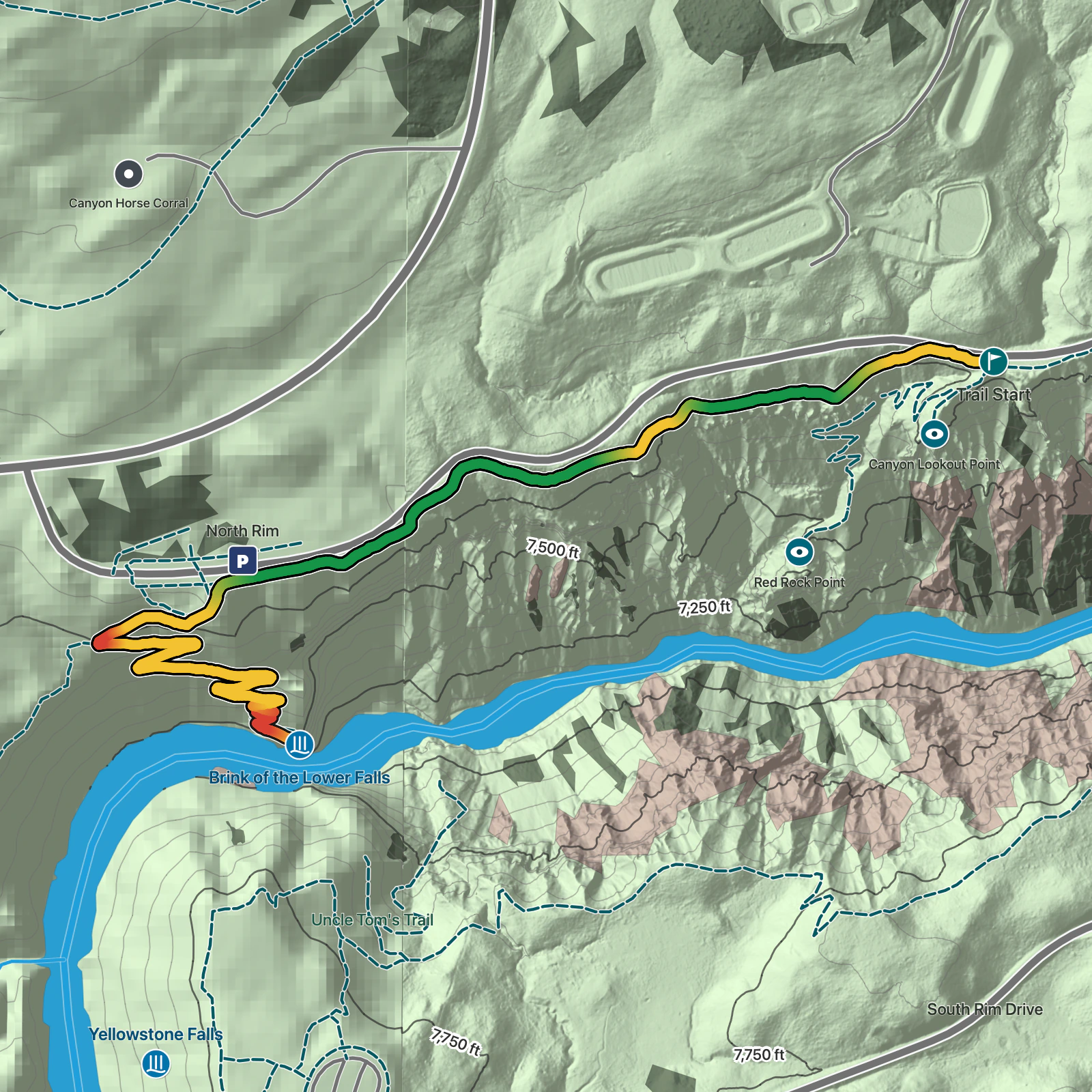 Terrain map of Brink of the Lower Falls and North Rim in Yellowstone National Park