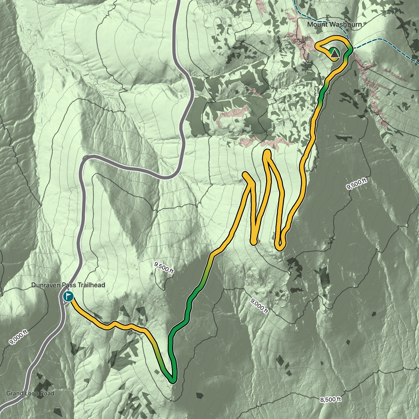 Terrain map of Mount Washburn from Dunraven Pass in Yellowstone National Park