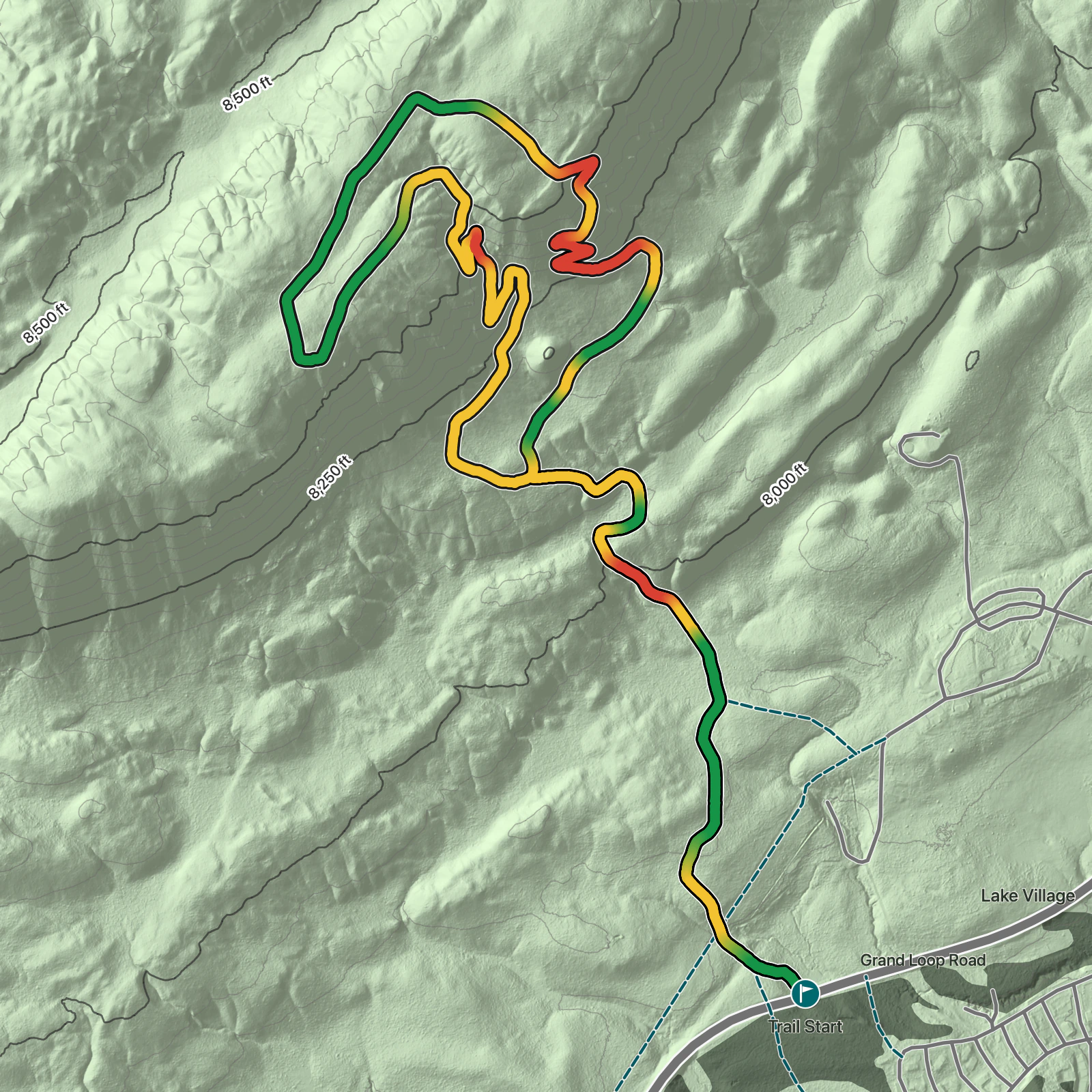 Terrain map of Elephant Back Mountain Trail in Yellowstone National Park
