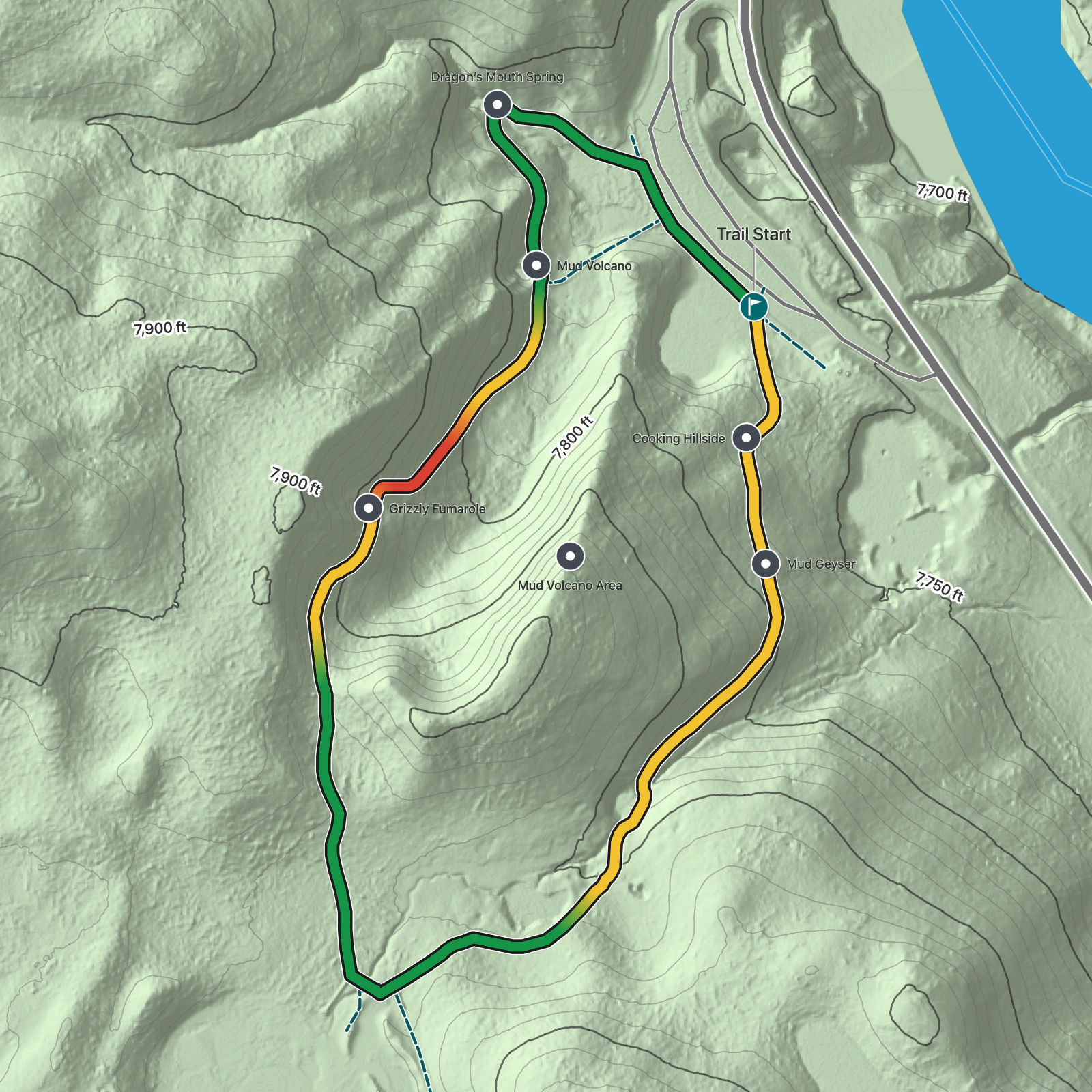 Terrain map of Mud Volcano Trail in Yellowstone National Park