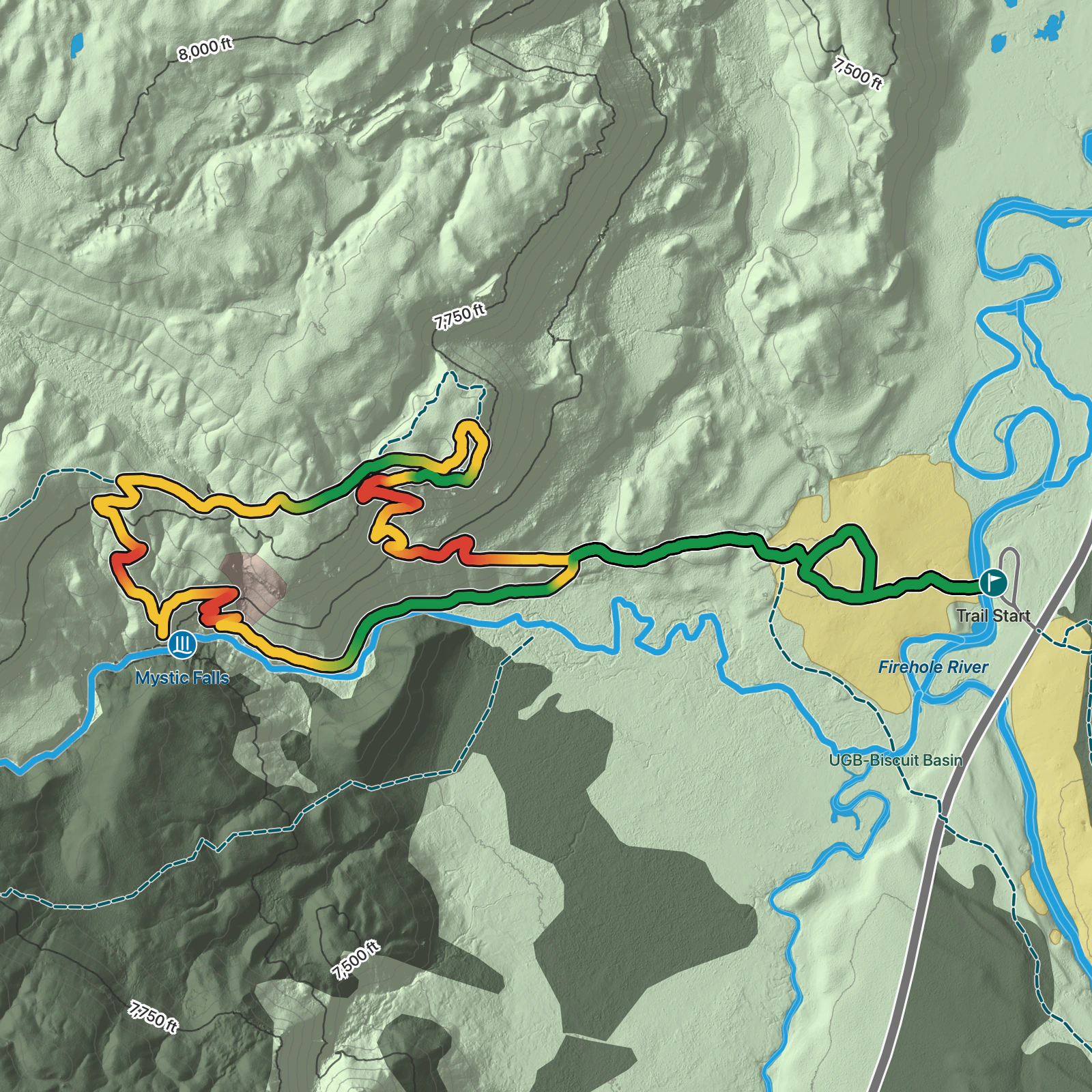 Terrain map of Mystic Falls and Fairy Creek Loop in Yellowstone National Park