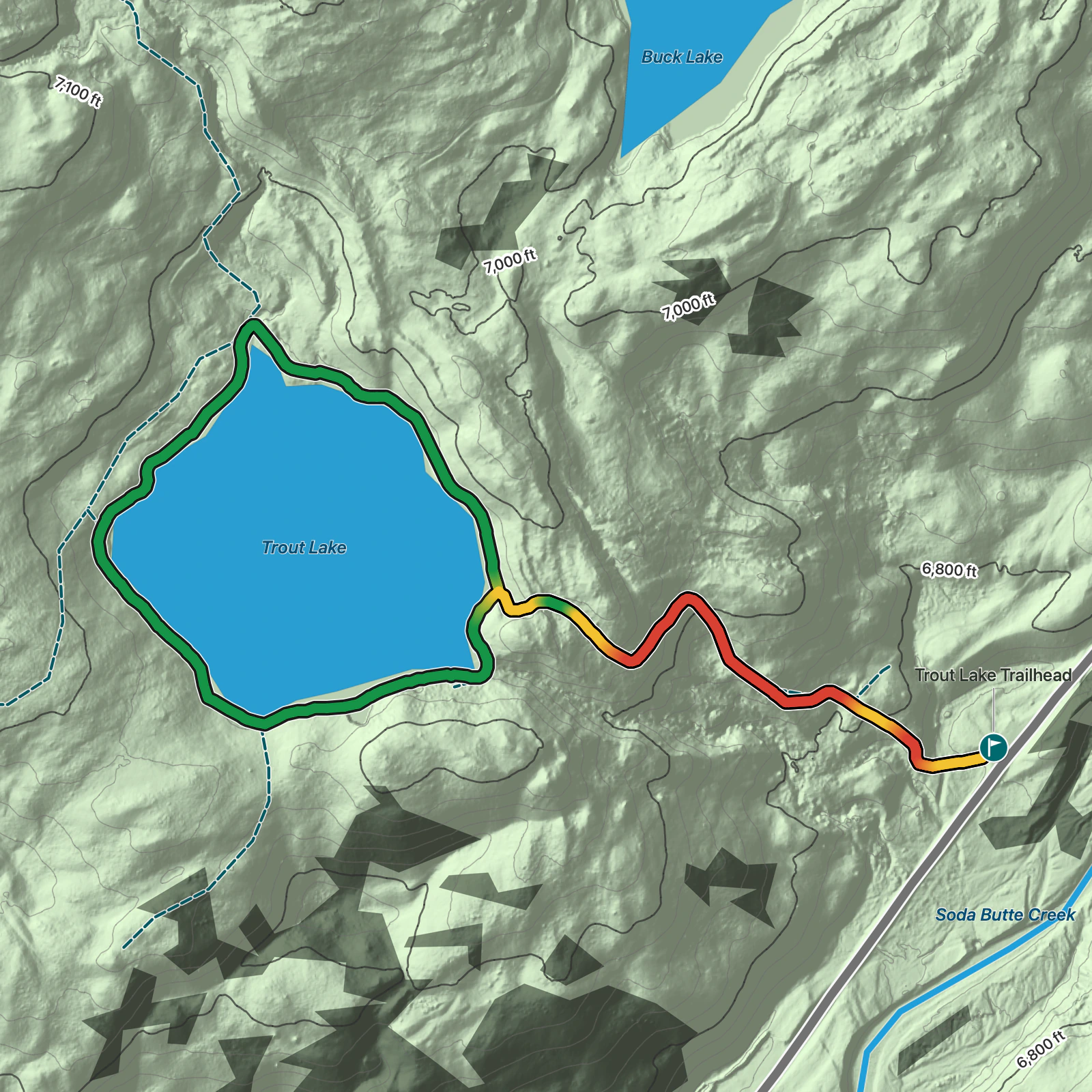 Terrain map of Trout Lake Loop in Yellowstone National Park